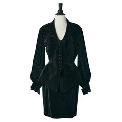 Black velvet skirt suit with dévoré velvet inset and black bow Thierry Mugler 