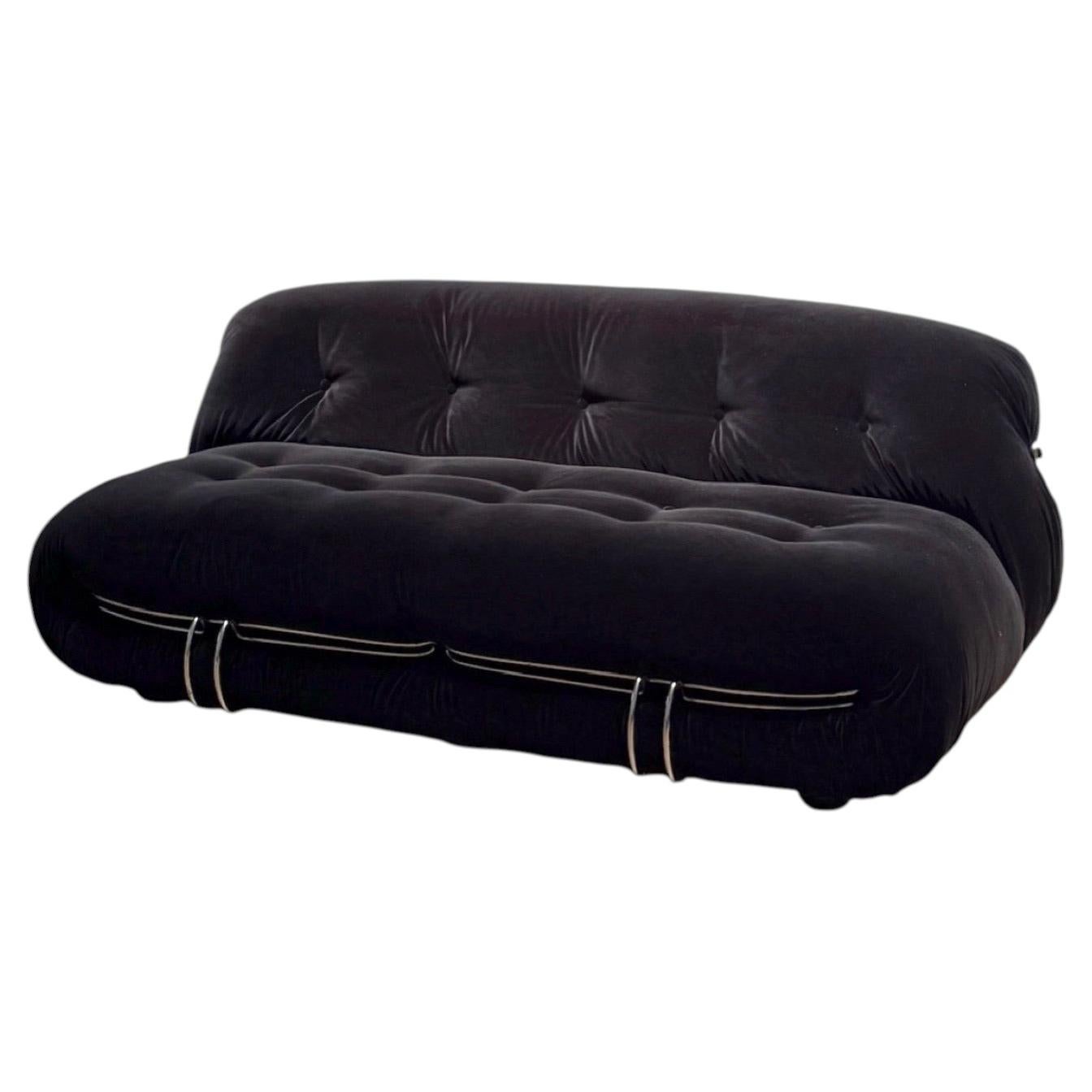 Sofá Soriana de terciopelo negro de Afra & Tobia Scarpa, Cassina, Italia Años 70