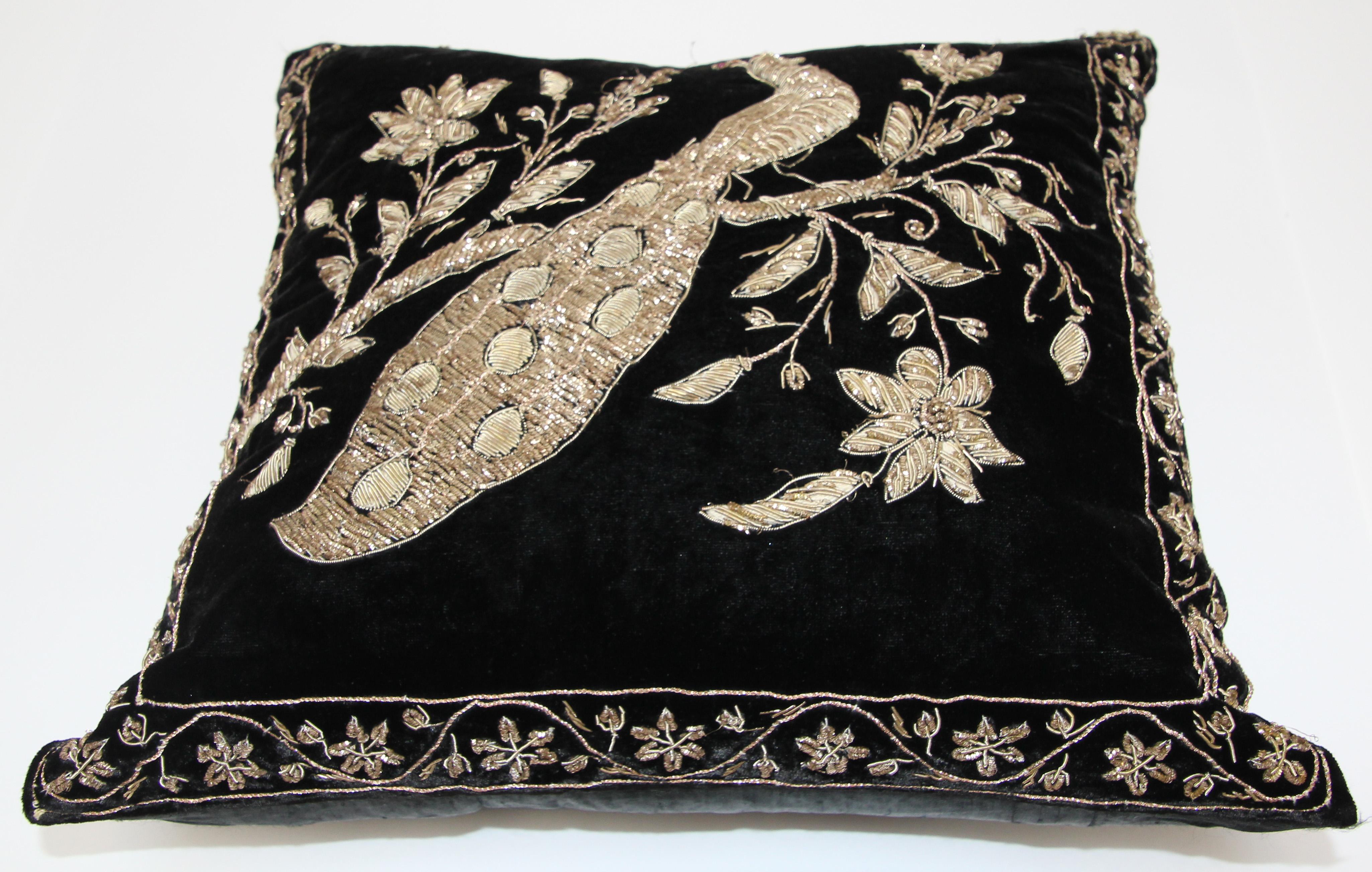Black Velvet Throw Pillow Embroidered with Metallic Moorish Gold Threads 1