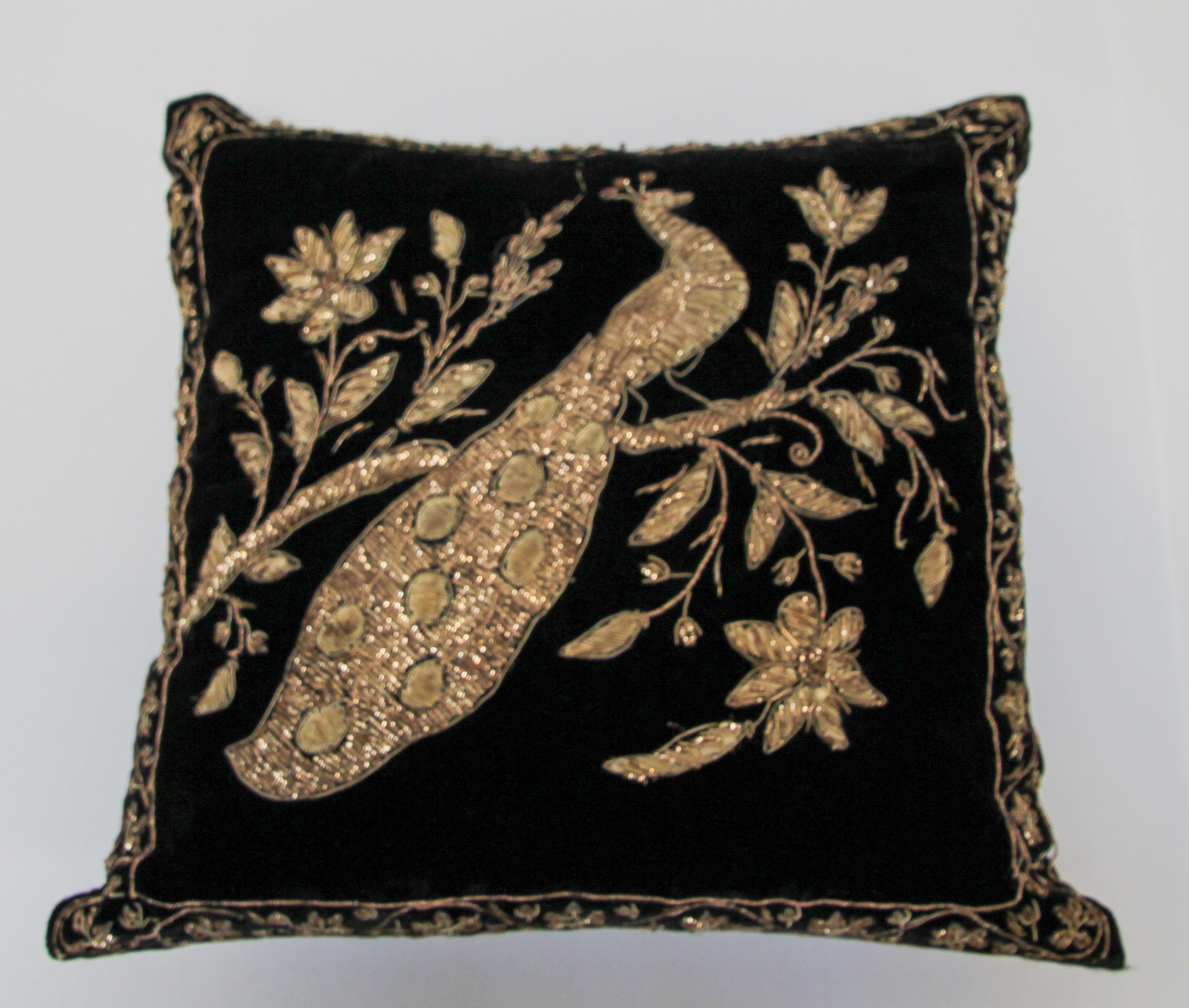 Black Velvet Throw Pillow Embroidered with Metallic Moorish Gold Threads 2