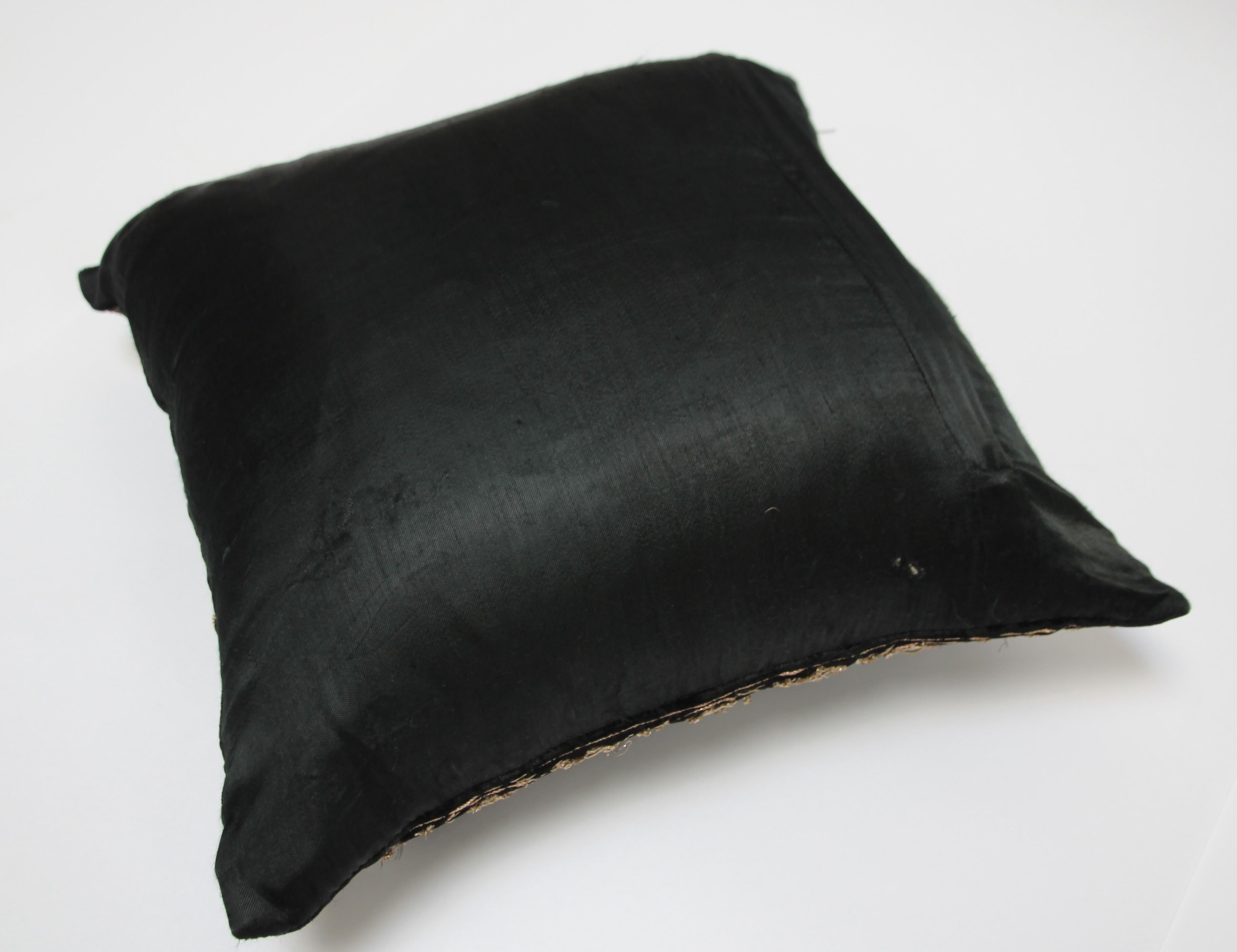 Black Velvet Throw Pillow Embroidered with Metallic Moorish Gold Threads 3