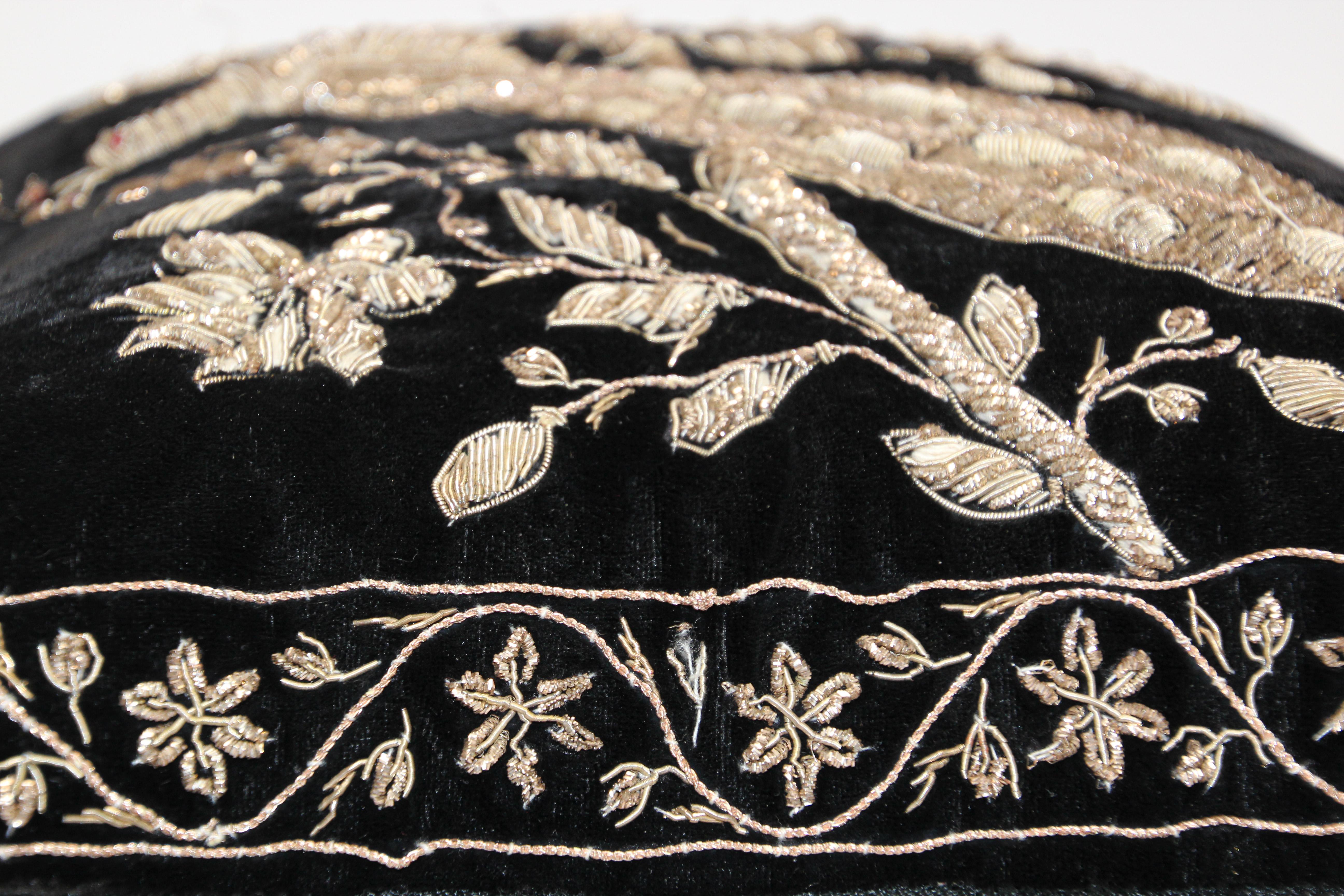 Black Velvet Throw Pillow Embroidered with Metallic Moorish Gold Threads 6