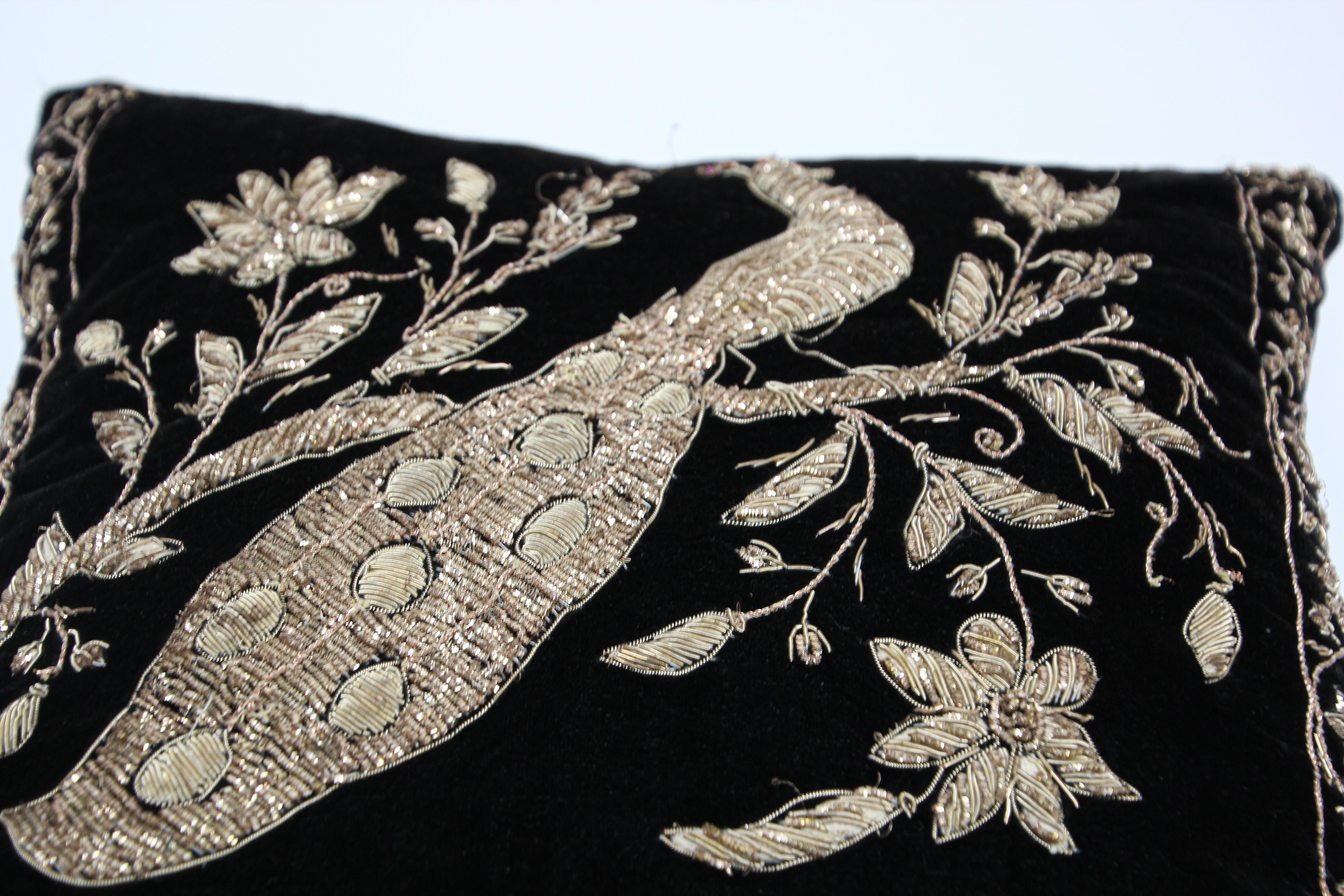 Black Velvet Throw Pillow Embroidered with Metallic Moorish Gold Threads 7