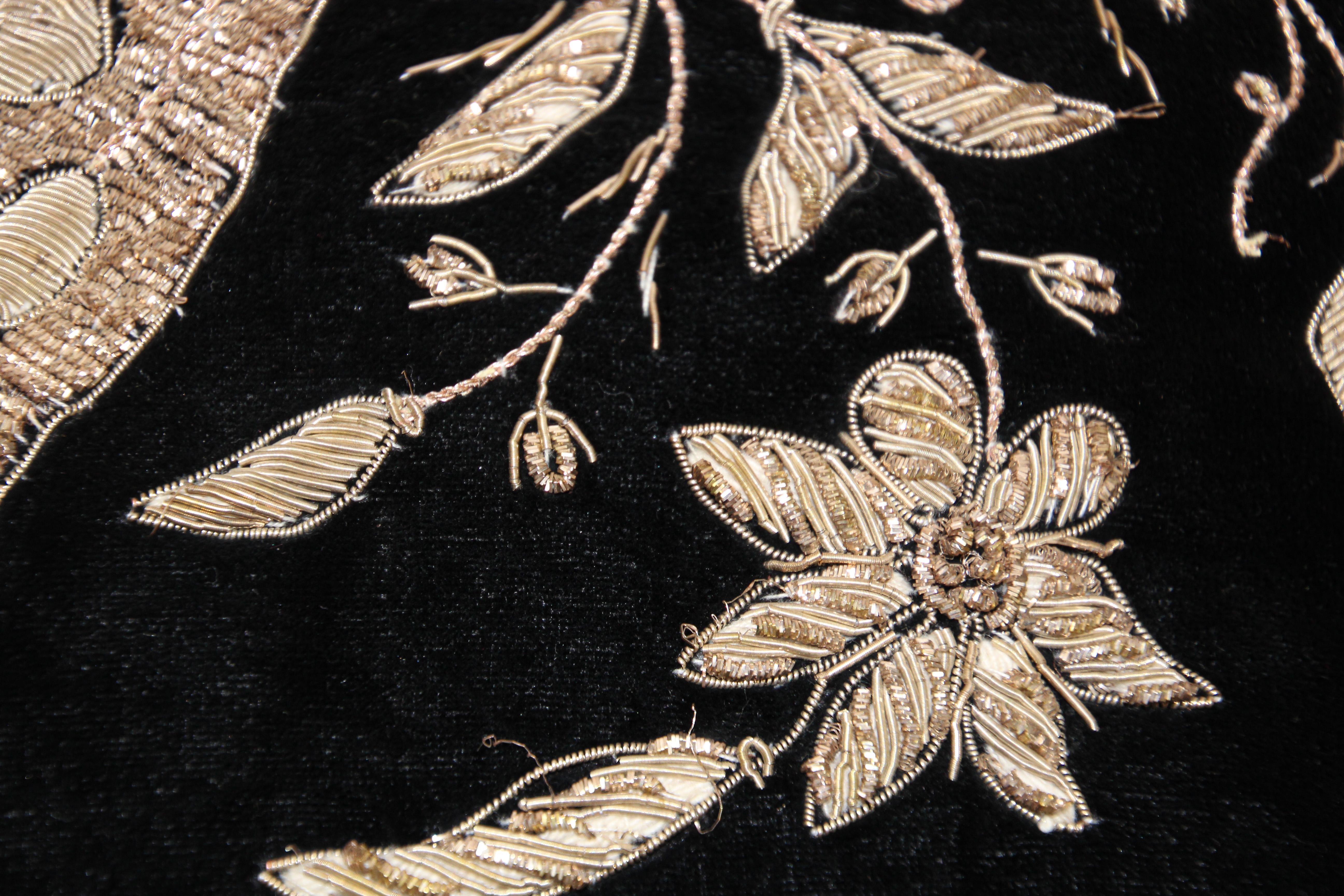 Black Velvet Throw Pillow Embroidered with Metallic Moorish Gold Threads 8
