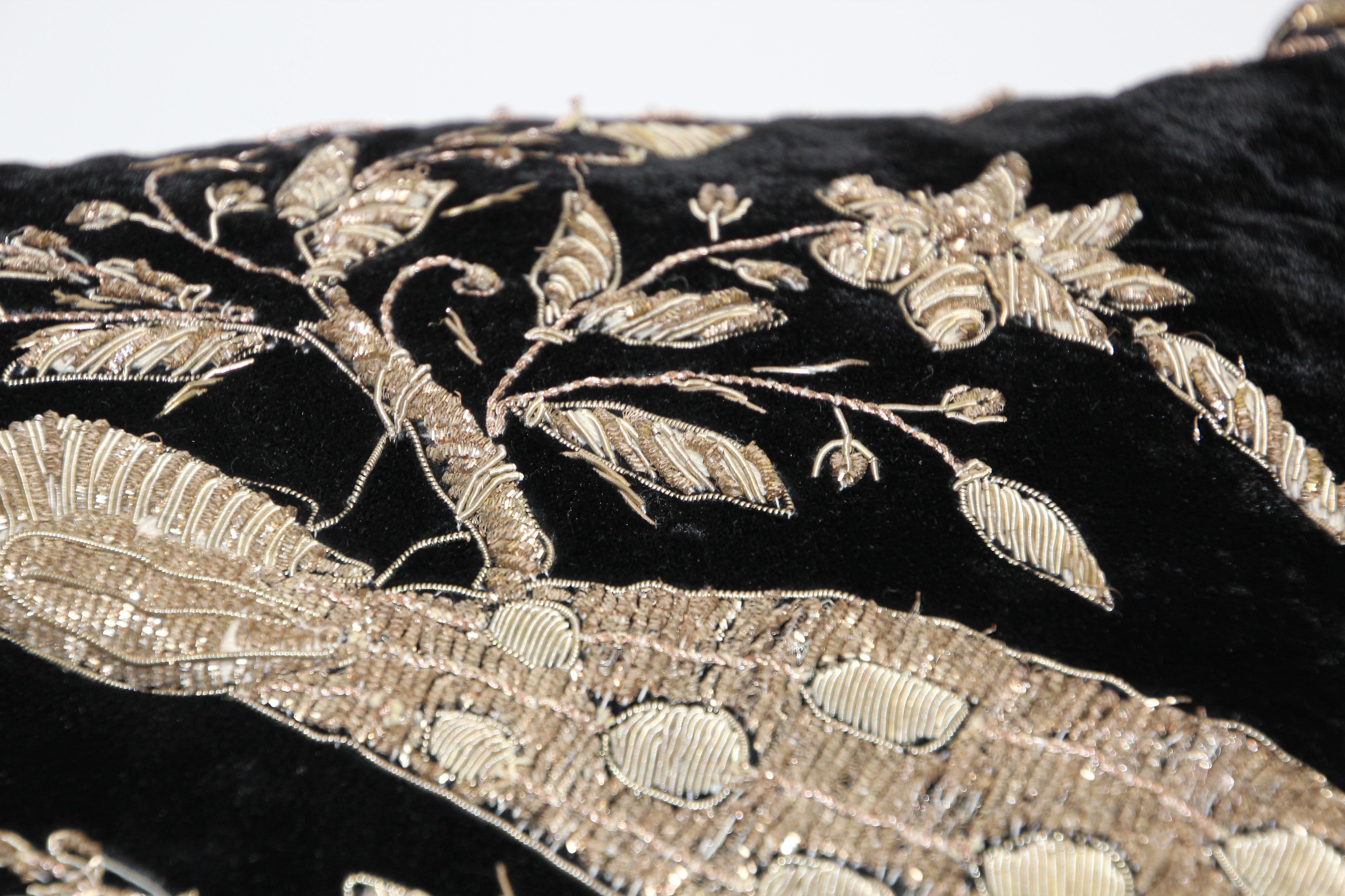 Black Velvet Throw Pillow Embroidered with Metallic Moorish Gold Threads 10