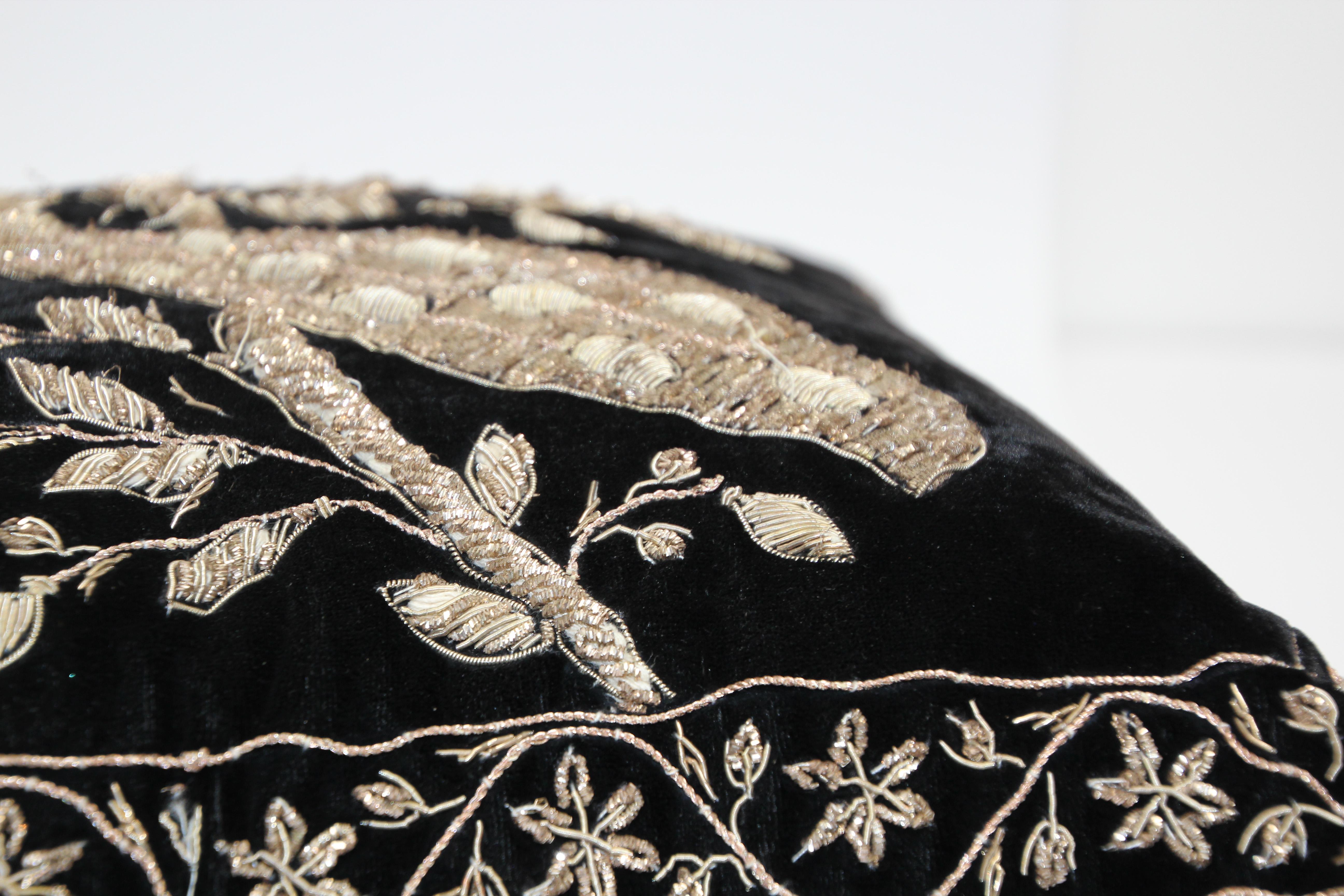 Black Velvet Throw Pillow Embroidered with Metallic Moorish Gold Threads 11