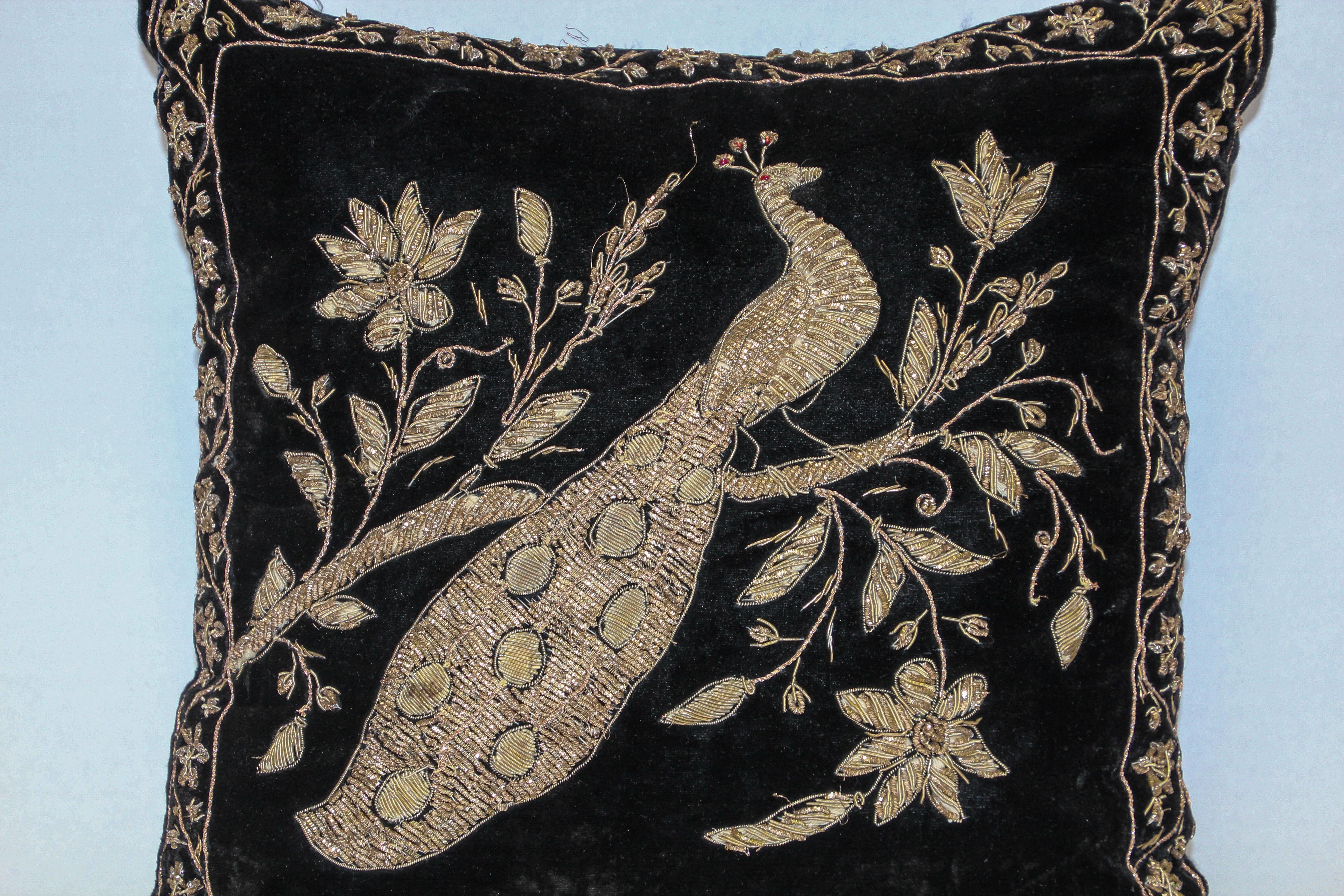 Agra Black Velvet Throw Pillow Embroidered with Metallic Moorish Gold Threads