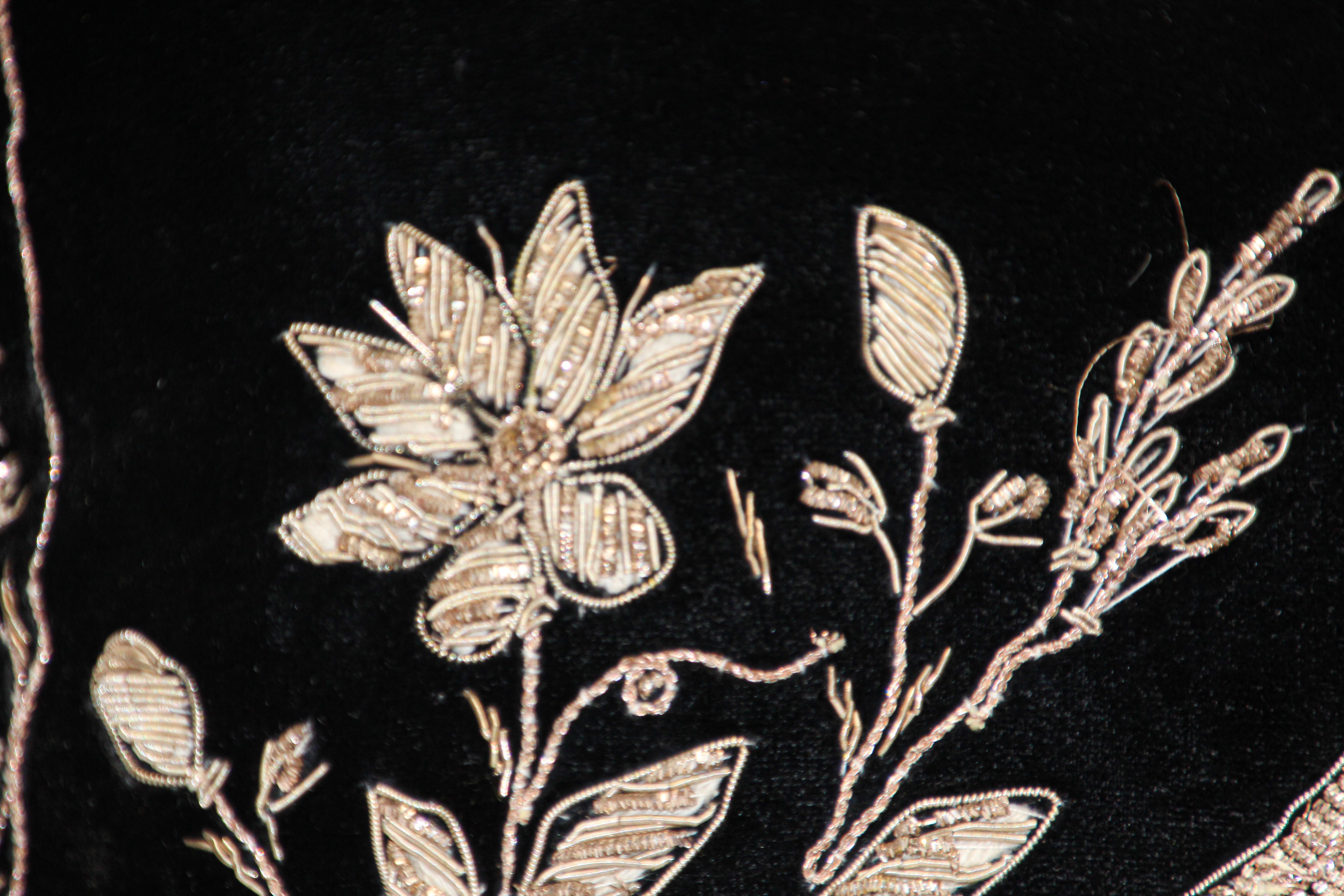 Indian Black Velvet Throw Pillow Embroidered with Metallic Moorish Gold Threads