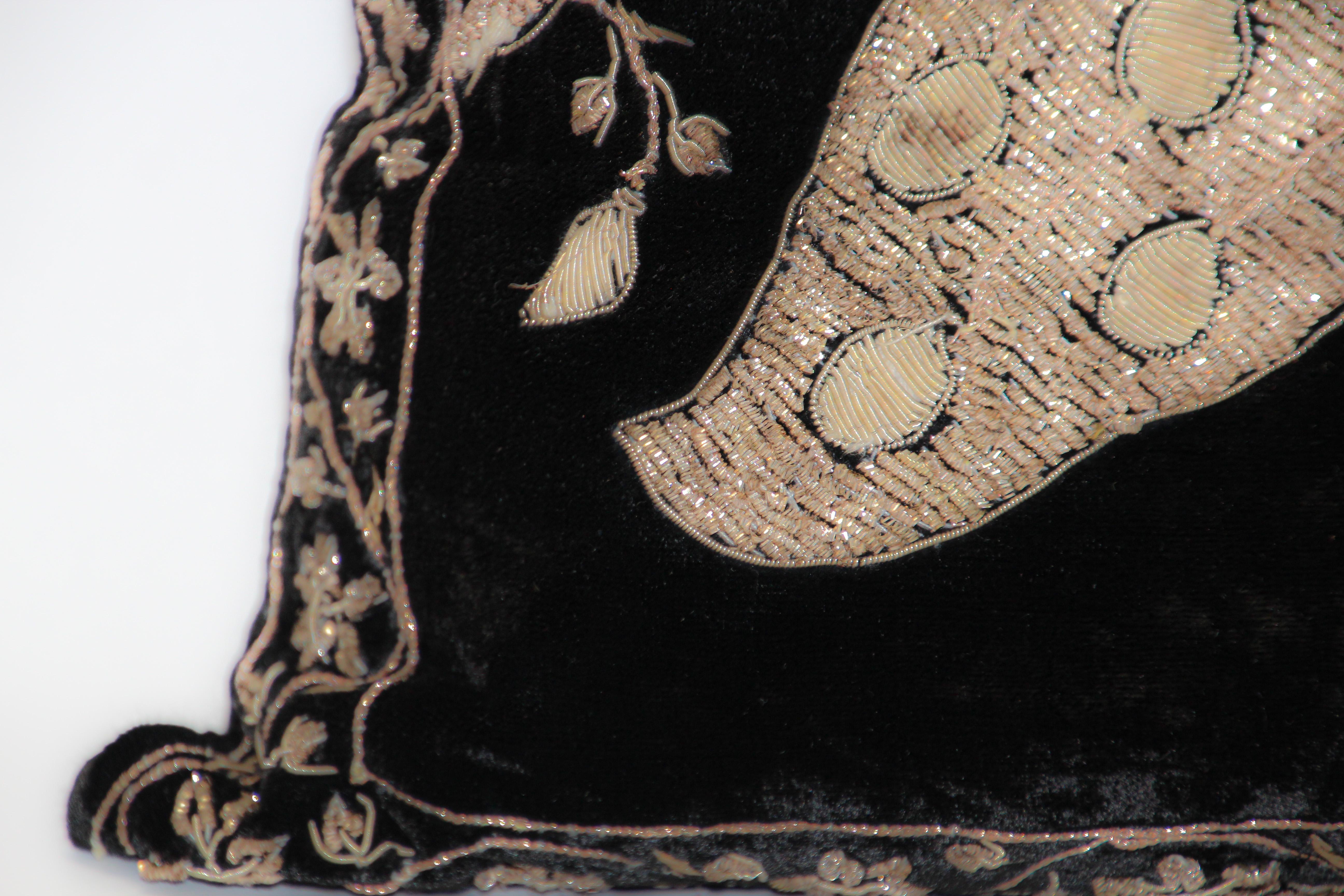 20th Century Black Velvet Throw Pillow Embroidered with Metallic Moorish Gold Threads