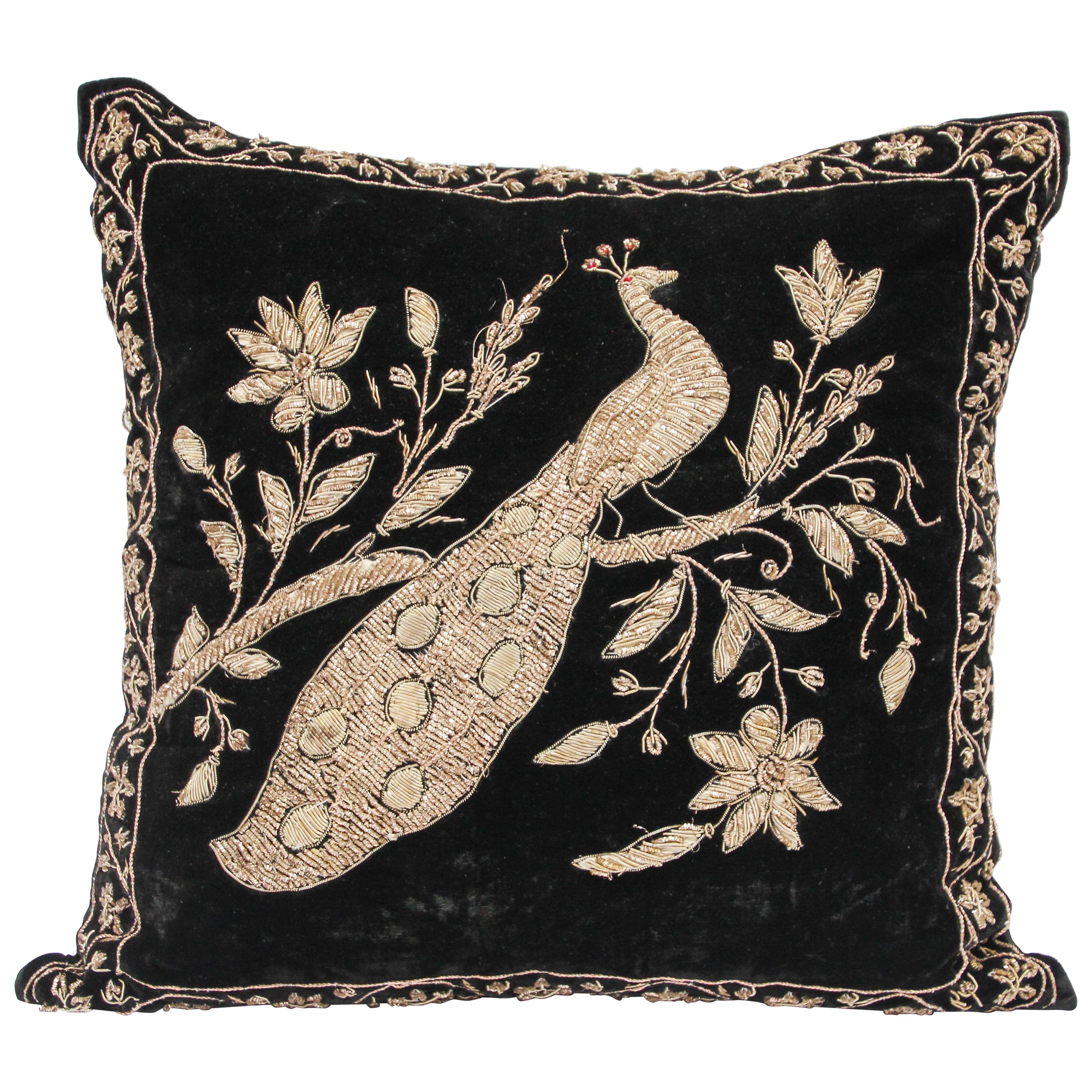 Black Velvet Throw Pillow Embroidered with Metallic Moorish Gold Threads