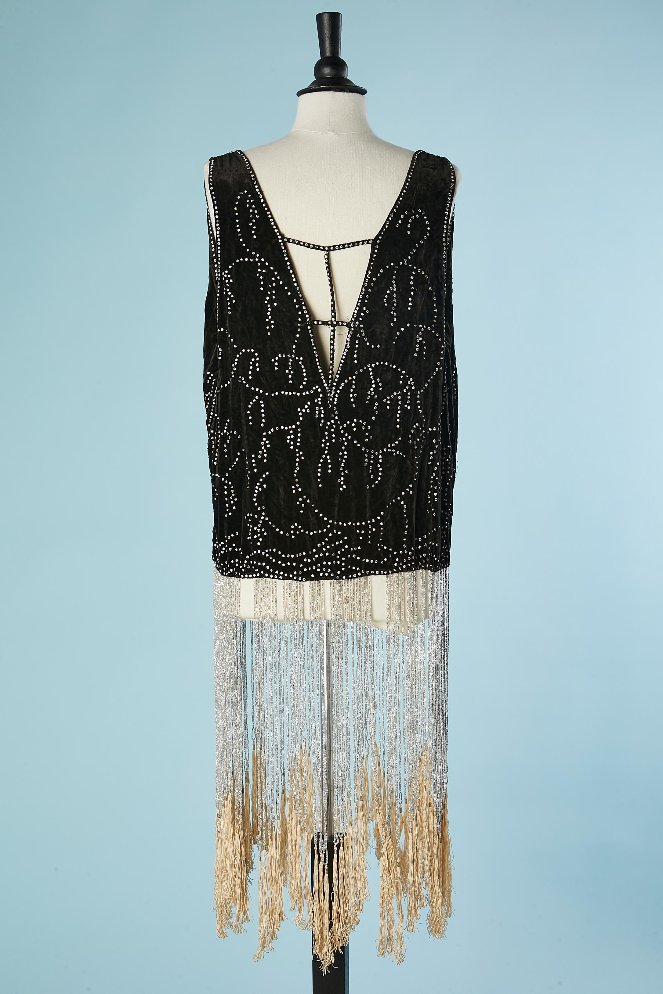 Black velvet tunique with rhinestone and beads fringes Circa 1925  4