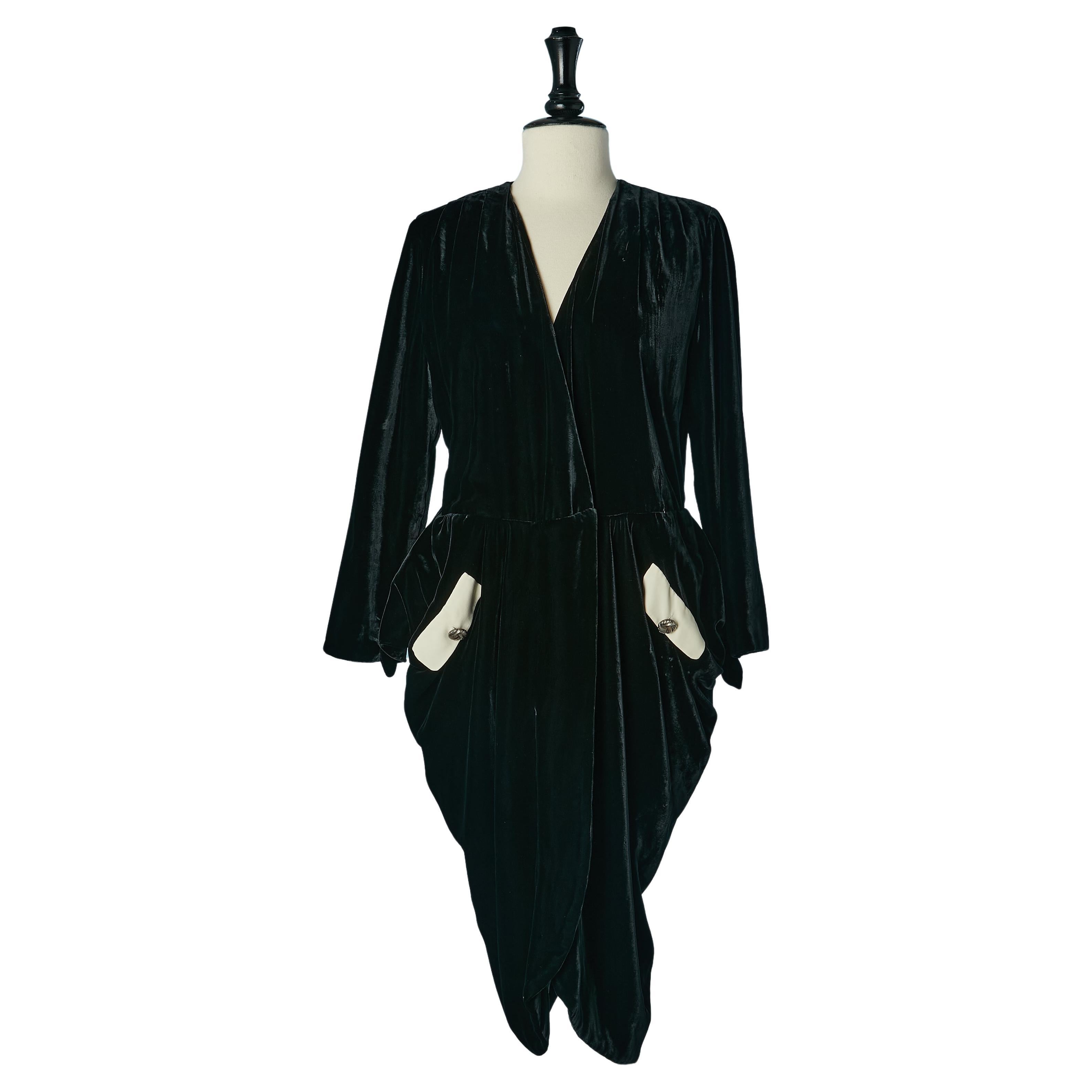 Black velvet wrapped cocktail dress with white pocket flap CHLOE For Sale