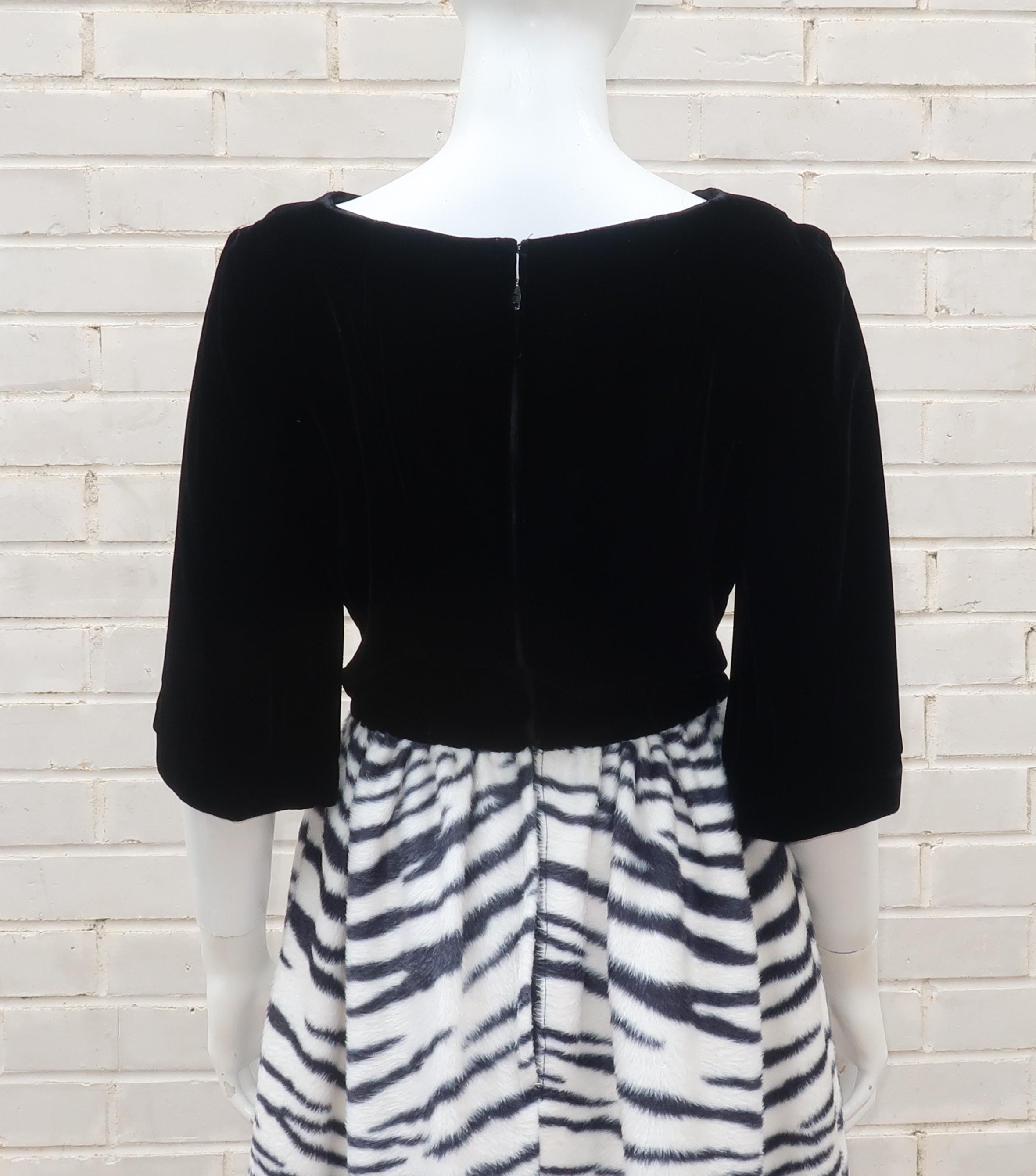 Black Velvet & Zebra Faux Fur Hostess Dress, C.1960 4