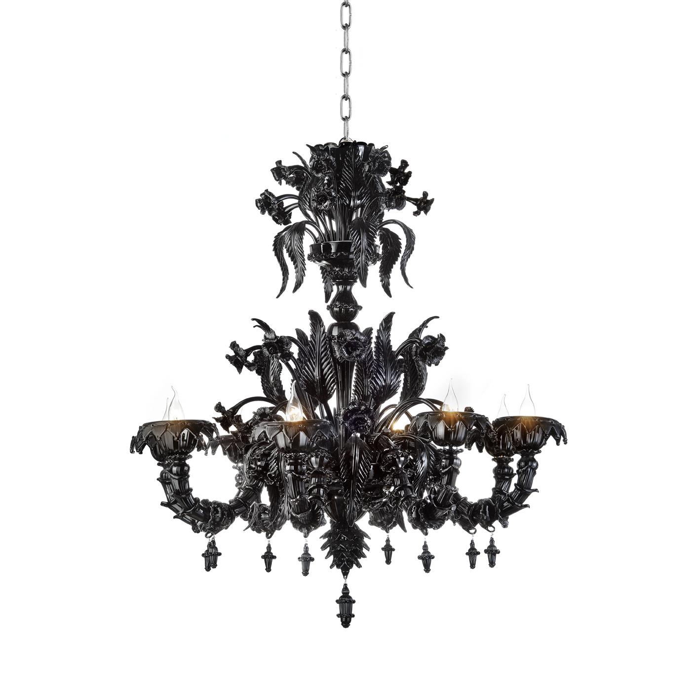 A modern take on the traditional Venetian chandelier, this exquisite piece will make a statement in any decor, creating a dramatic entrance or highlighting a dining room with elegance and drama. Pure, mouth-blown Venetian glass in black is