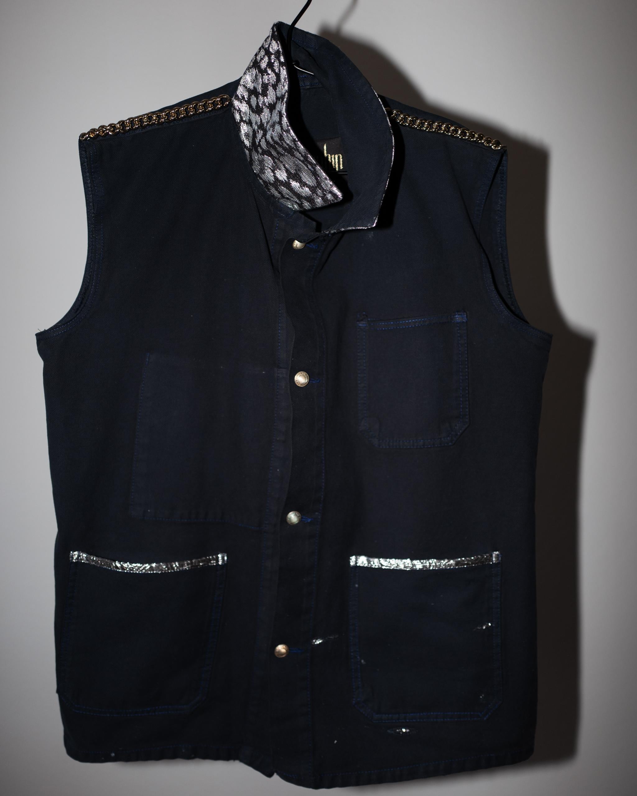 Black Vest Jacket Remade Work Wear Vintage Brass Chains Silver Button Lurex In New Condition In Los Angeles, CA