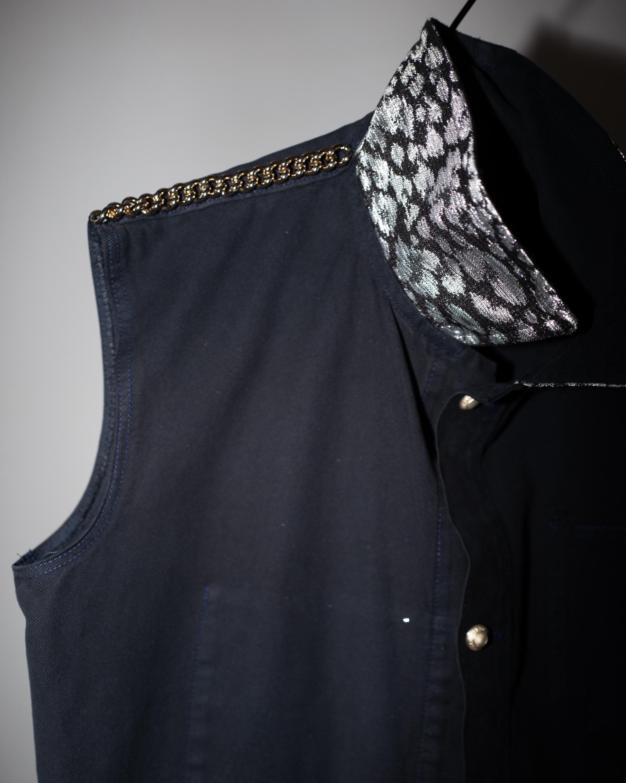Women's Black Vest Jacket Remade Work Wear Vintage Brass Chains Silver Button Lurex