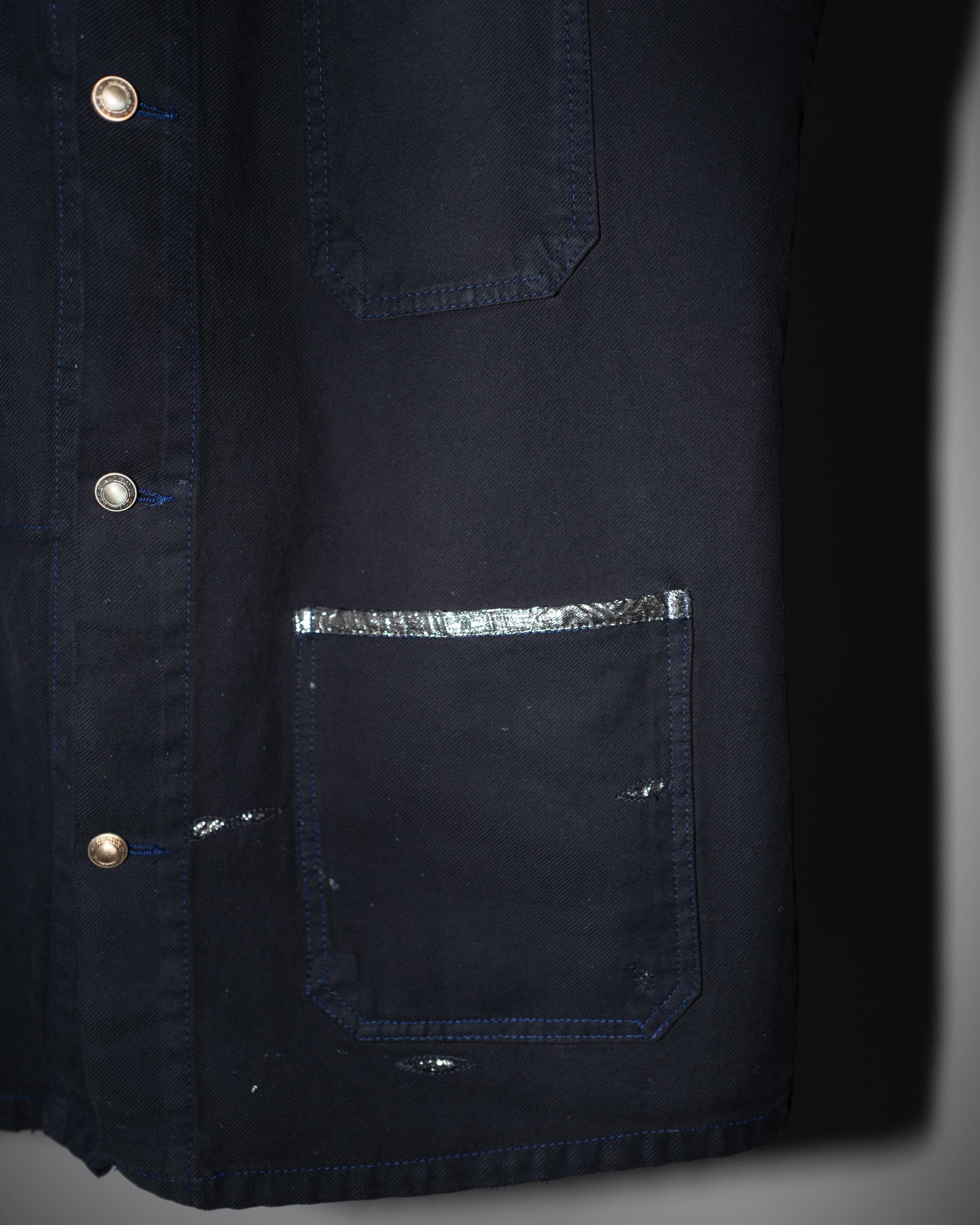 Black Vest Jacket Remade Work Wear Vintage Brass Chains Silver Button Lurex 1