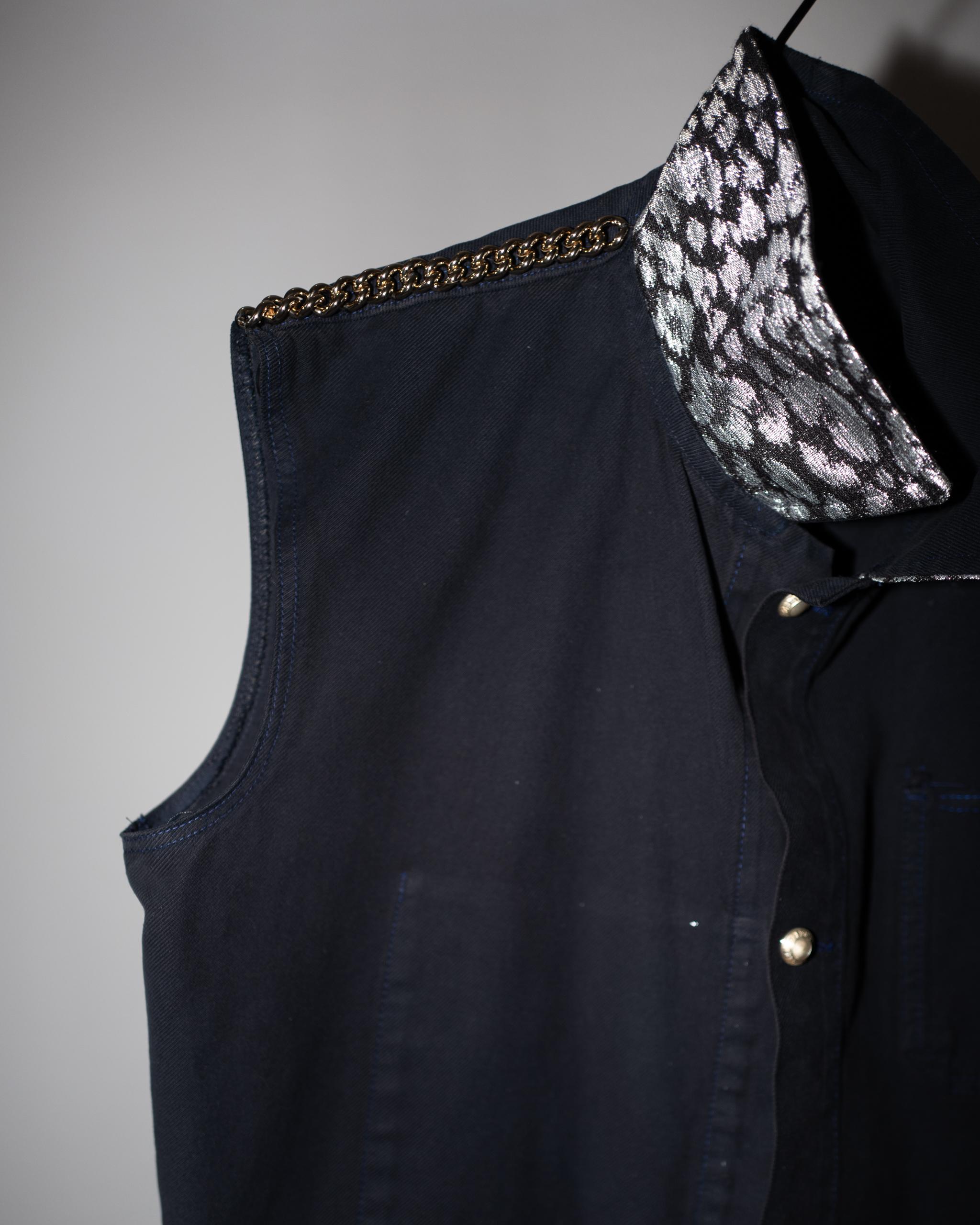 Black Vest Jacket Remade Work Wear Vintage Brass Chains Silver Button Lurex 2