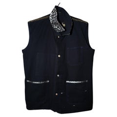 Black Vest Jacket Remade Work Wear Vintage Brass Chains Silver Button Lurex