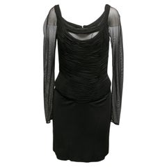 Vicky Tiel nero, vestito con maniche lunghe increspate, taglia US S