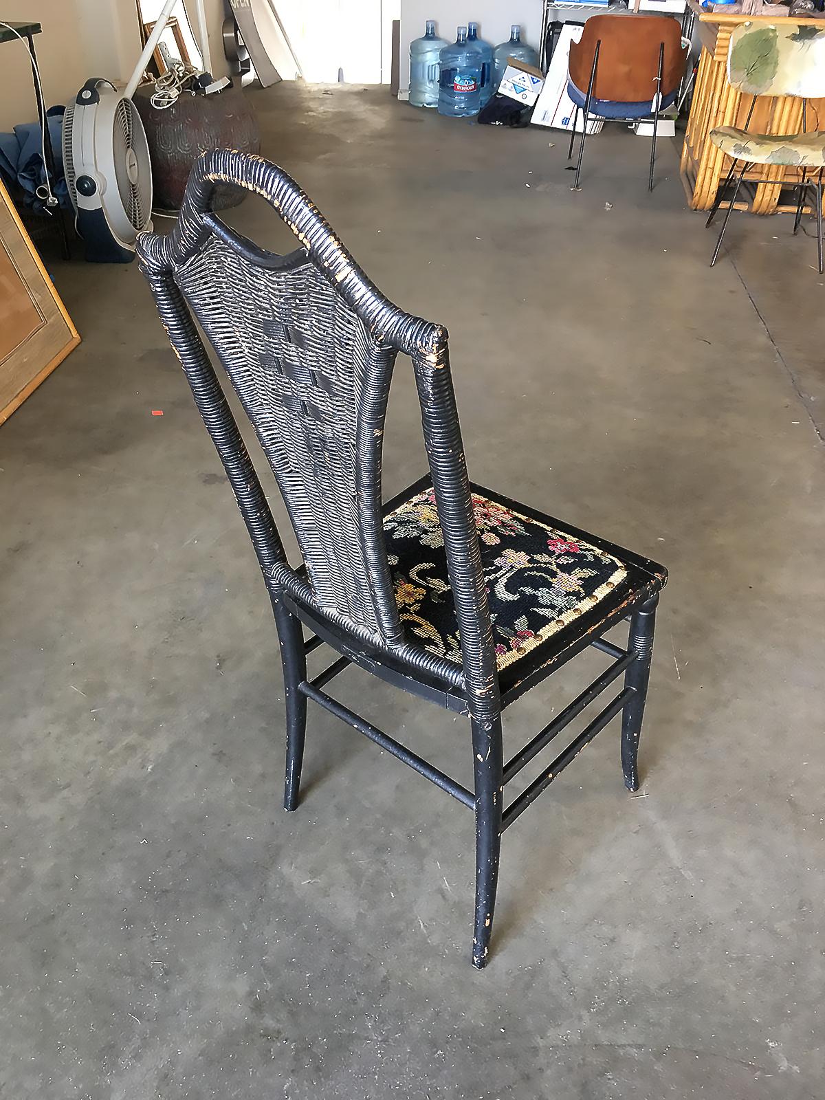 Black Victorian Southern Gothic Wicker Back Side Chair In Good Condition In Van Nuys, CA