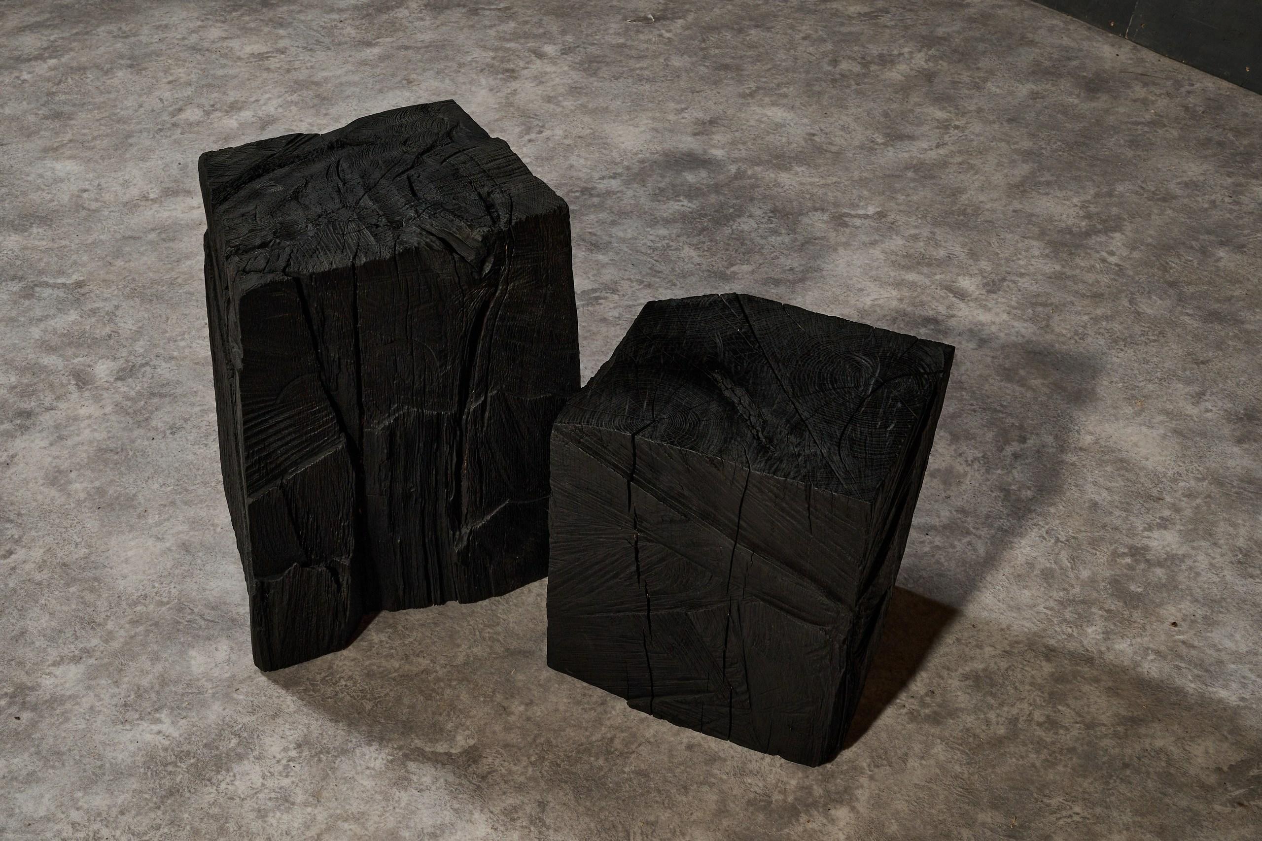 Hand-Carved Set of Two Black Vintage Brutalist Style Coffee Tables in Solid Wood For Sale