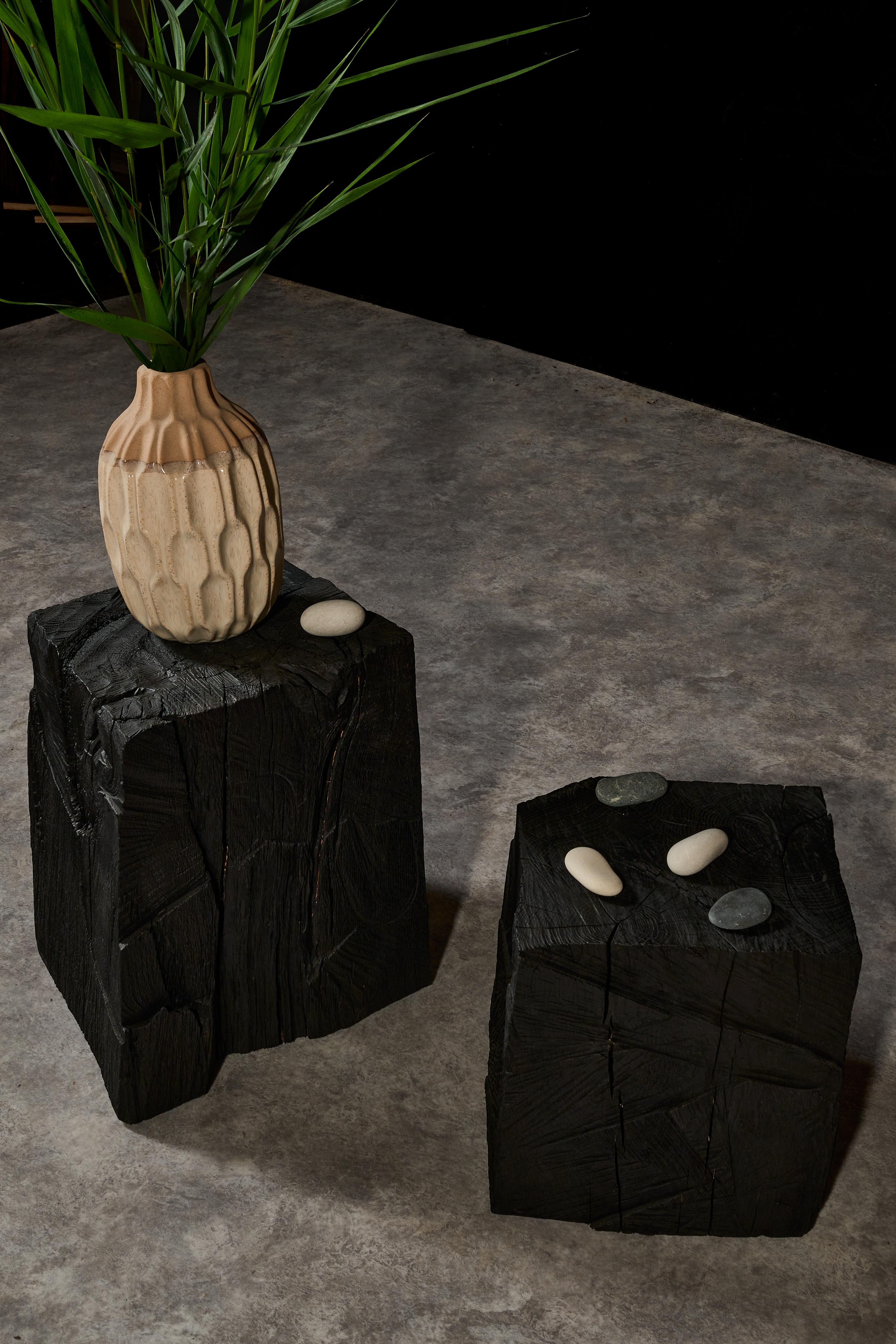 Oak Set of Two Black Vintage Brutalist Style Coffee Tables in Solid Wood For Sale
