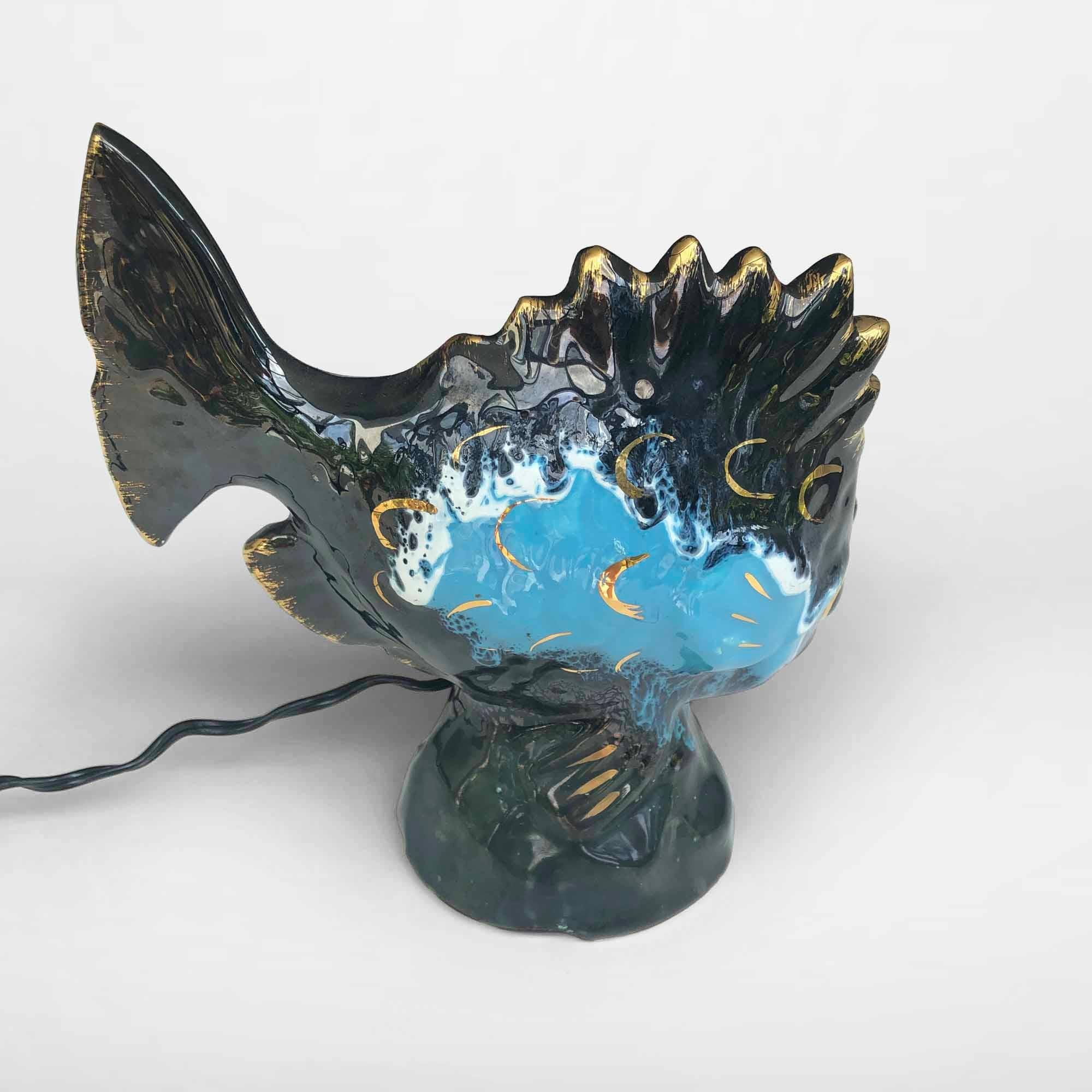 Black Vintage Ceramic Fish Lamp Vallauris In Excellent Condition In Hemiksem, VAN