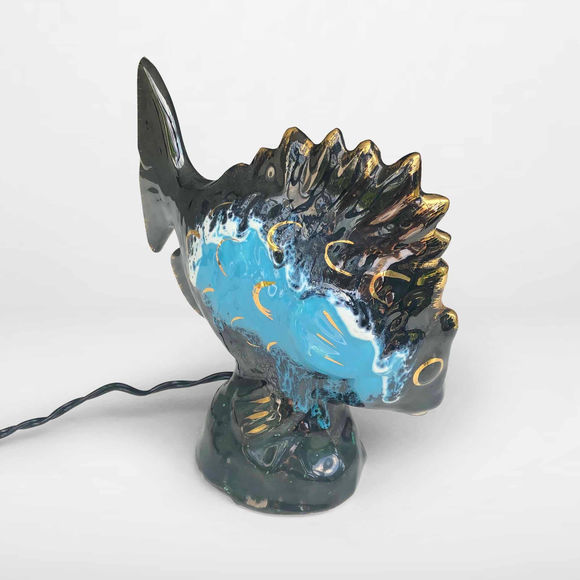 Mid-20th Century Black Vintage Ceramic Fish Lamp Vallauris