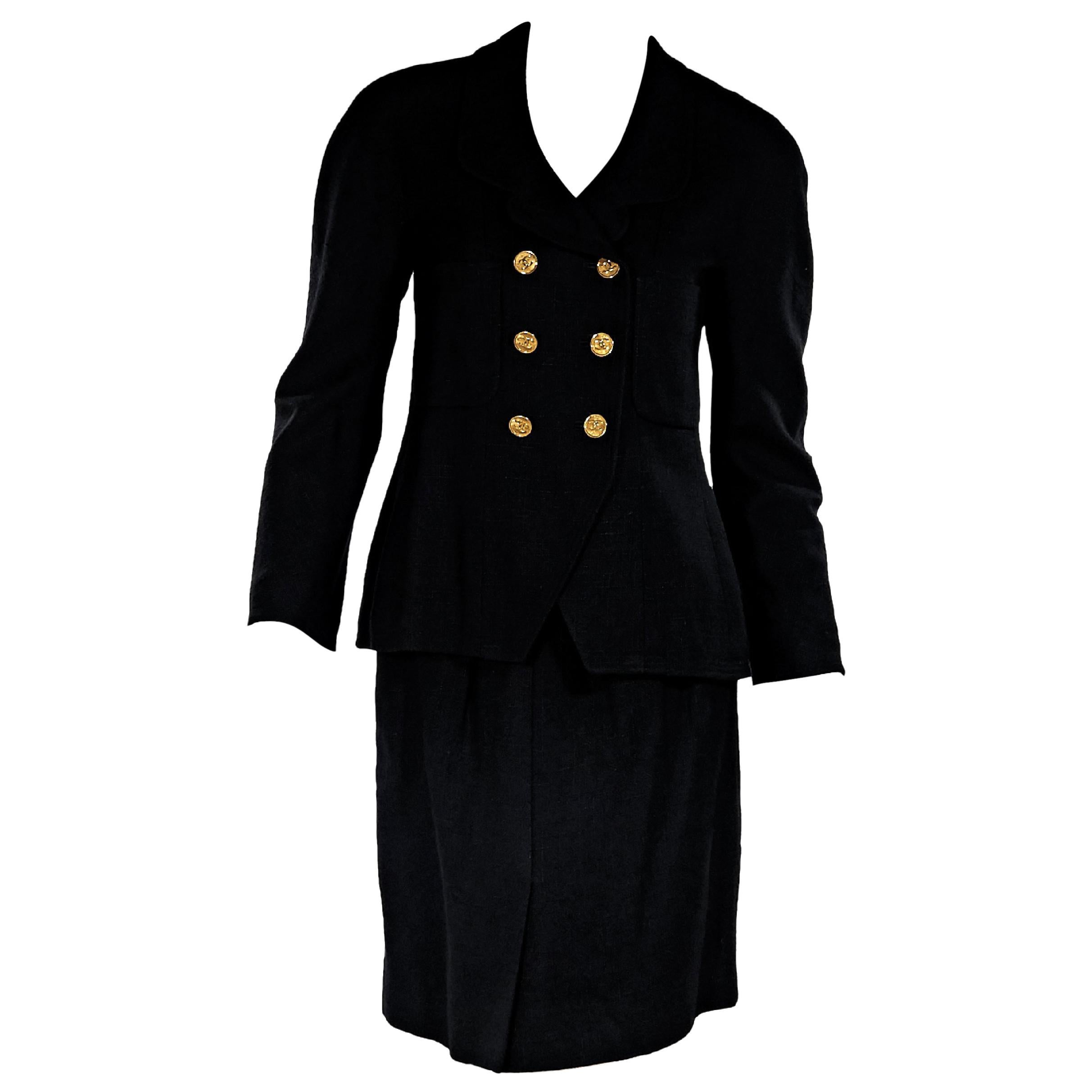 Black Vintage Chanel Linen-Blend Skirt Suit Set