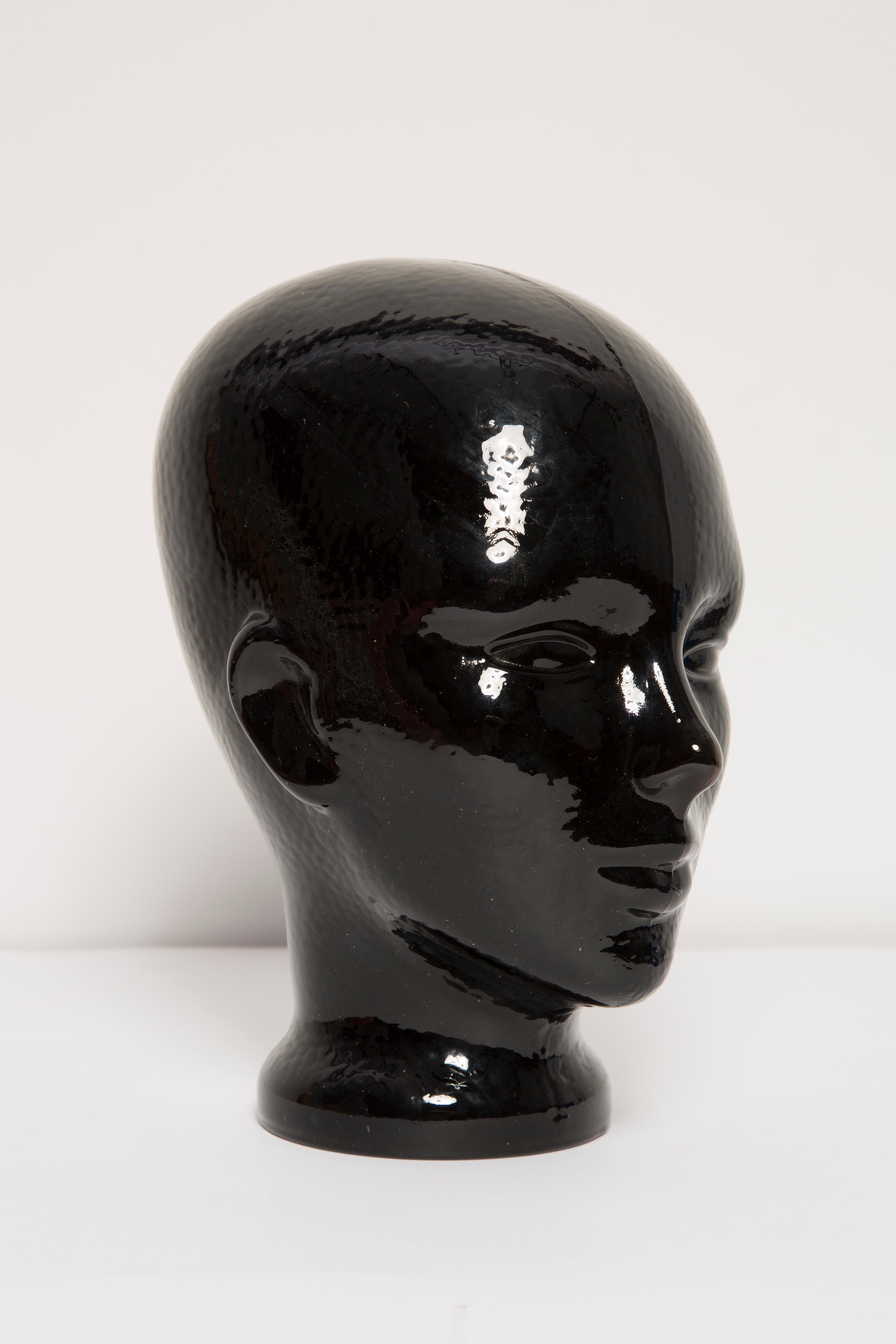 Mid-Century Modern Black Vintage Decorative Mannequin Glass Head Sculpture, 1970s, Germany For Sale
