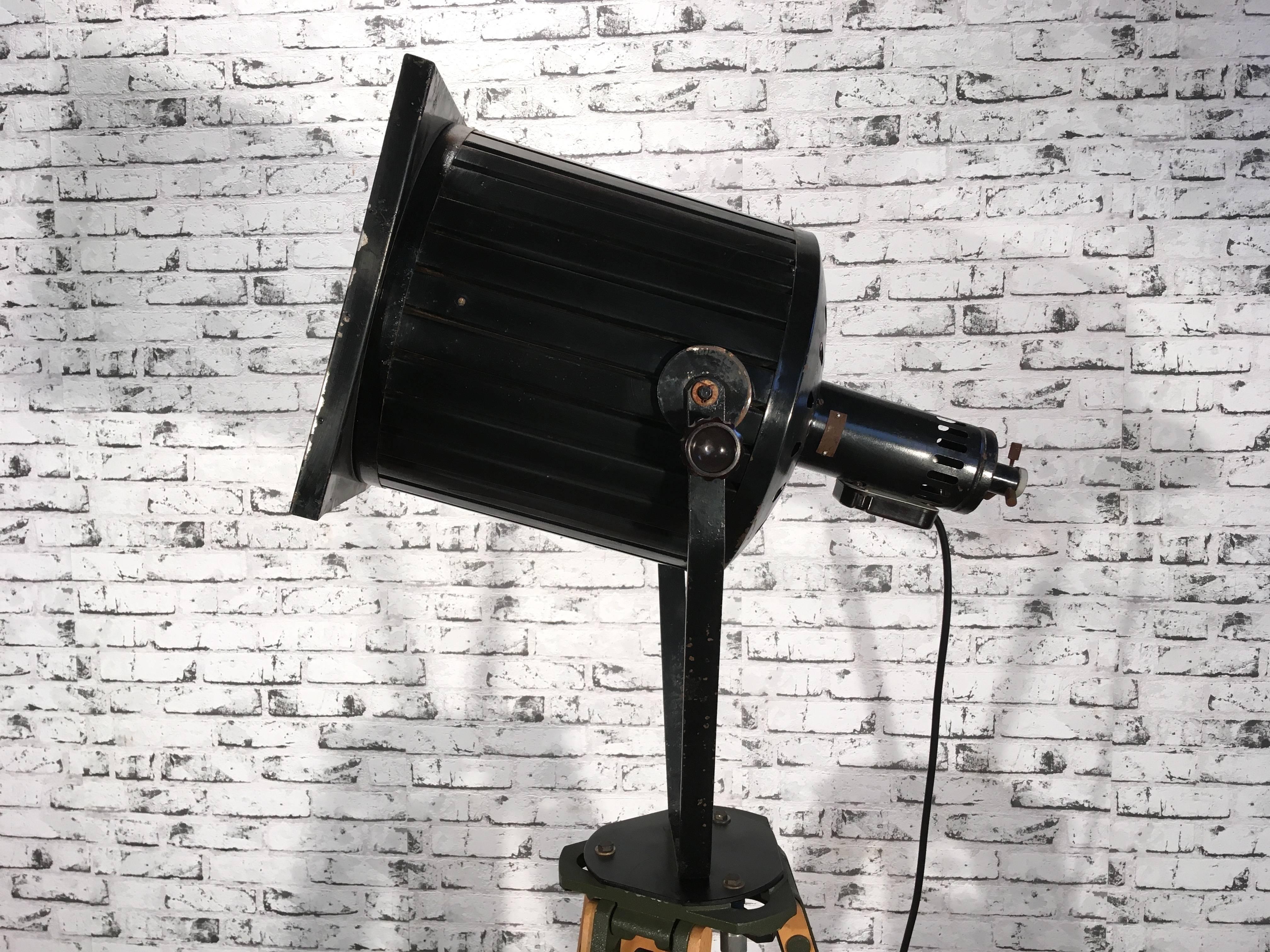 Black Vintage Industrial Spotlight on Wooden Tripod In Good Condition For Sale In Kojetice, CZ