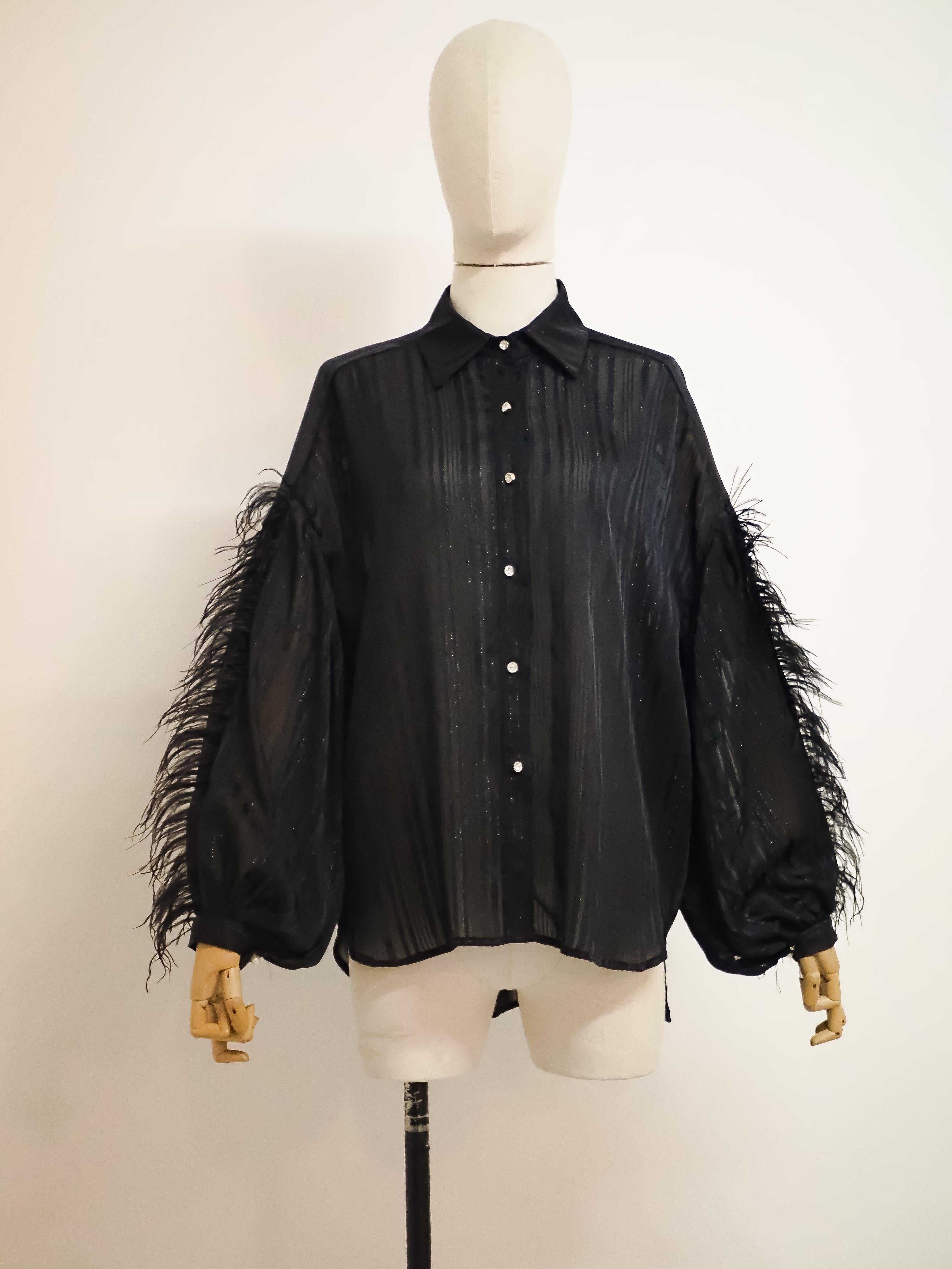 Black vintage shirt with feathers For Sale 1