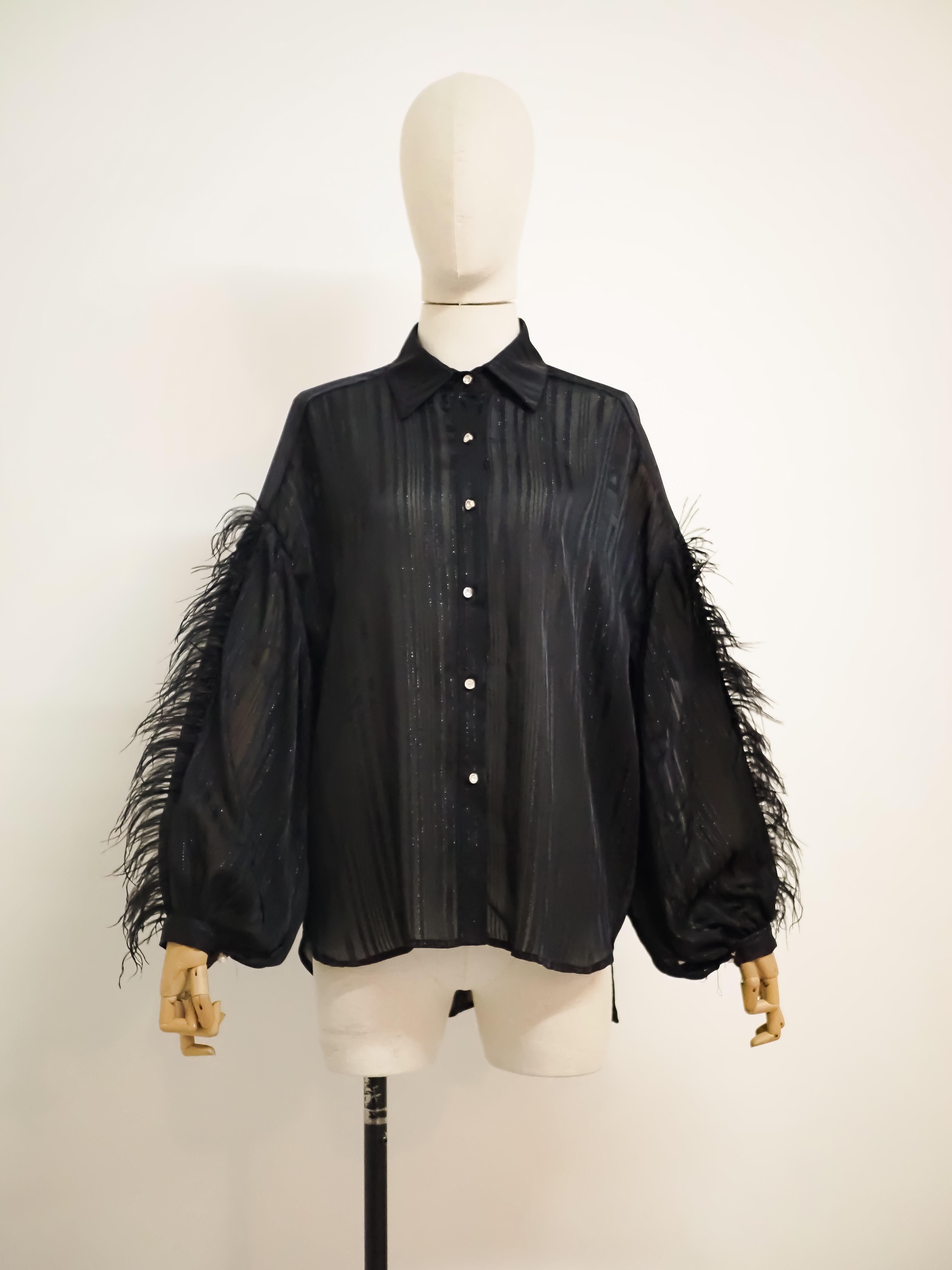Black vintage shirt with feathers For Sale 2