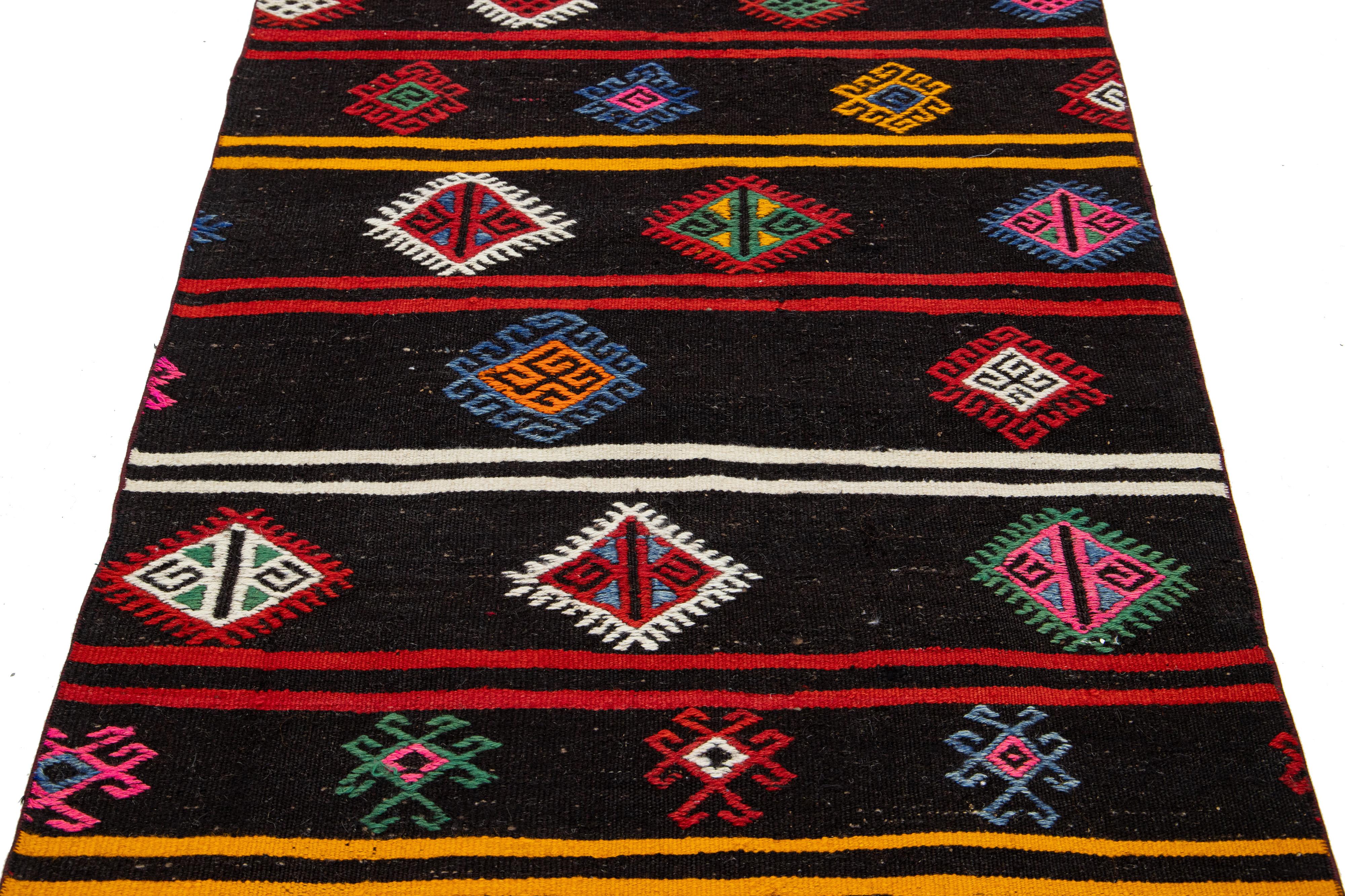 Black Vintage Turkish Kilim Wool Rug With Geometric Design For Sale 3