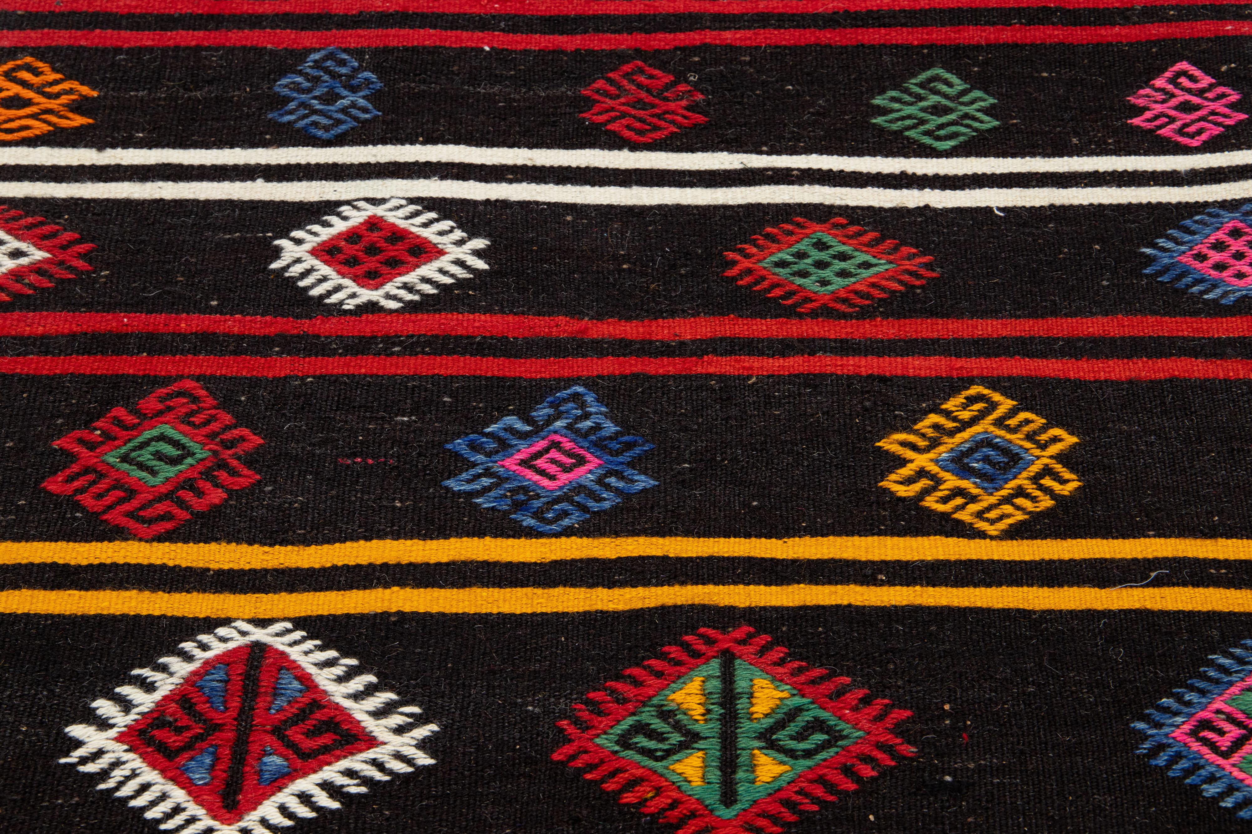 Black Vintage Turkish Kilim Wool Rug With Geometric Design For Sale 4