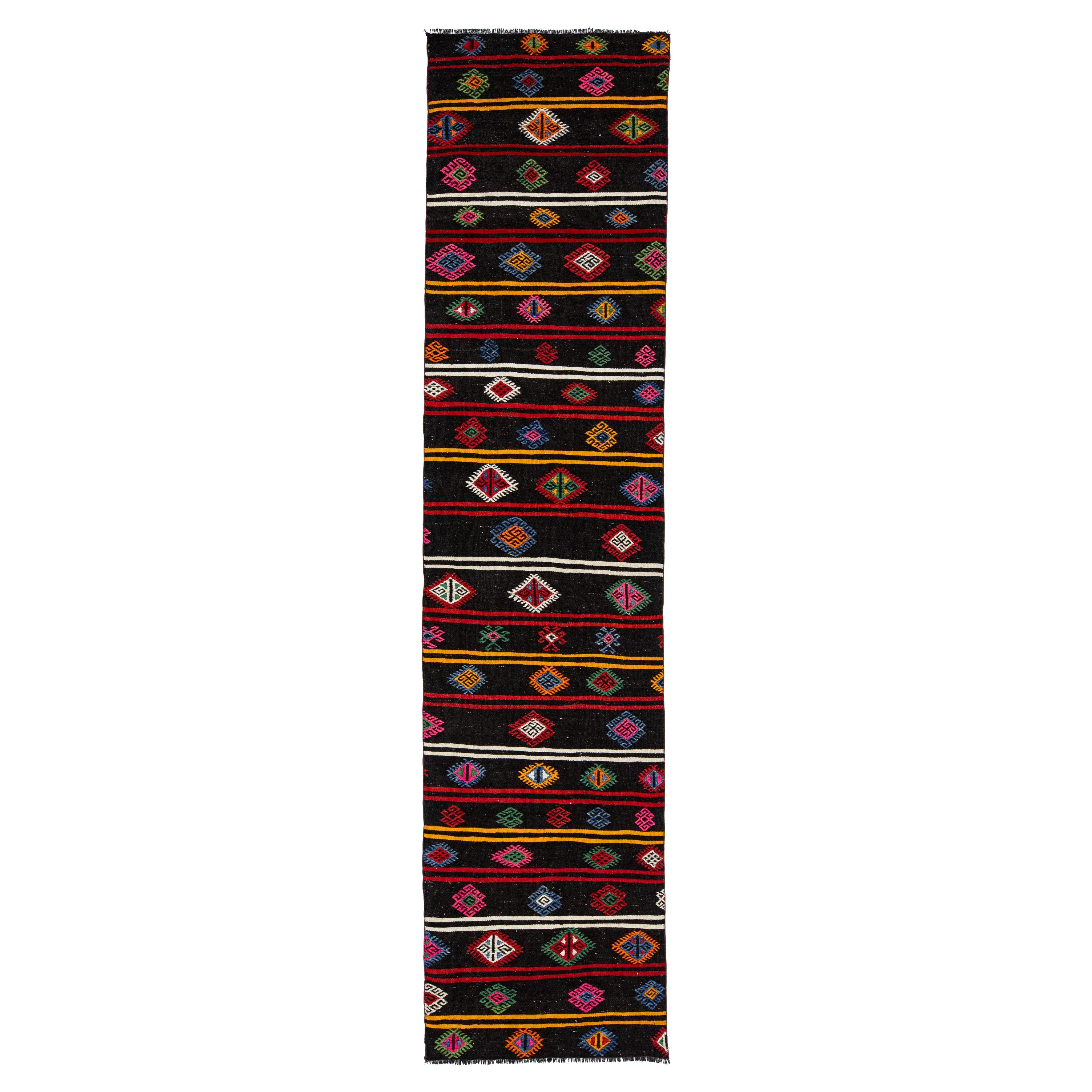 Black Vintage Turkish Kilim Wool Rug With Geometric Design