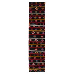 Black Vintage Turkish Kilim Wool Rug With Geometric Design