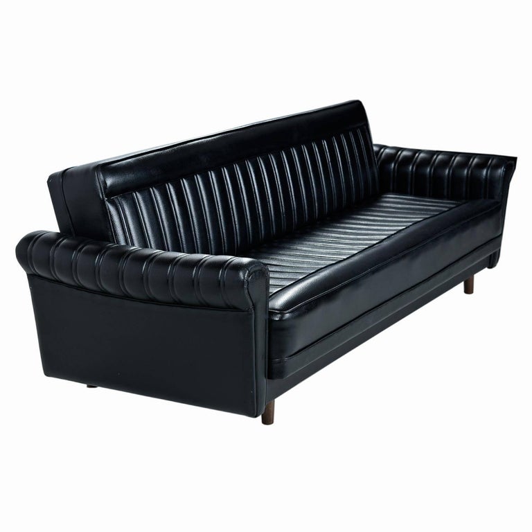 Black Vinyl Convertible Harvey Probber Style Sofa Sleeper Couch Made in