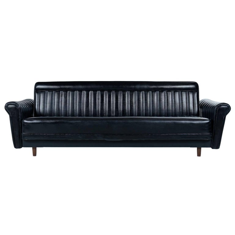 Black Vinyl Convertible Harvey Probber Style Sofa Sleeper Couch Made in