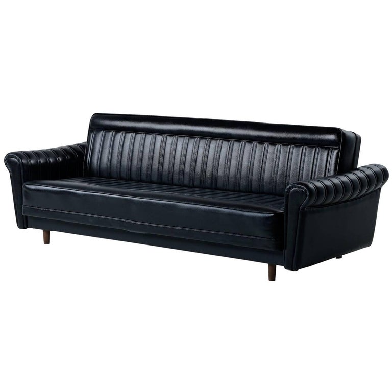 Black Vinyl Convertible Harvey Probber Style Sofa Sleeper Couch Made in
