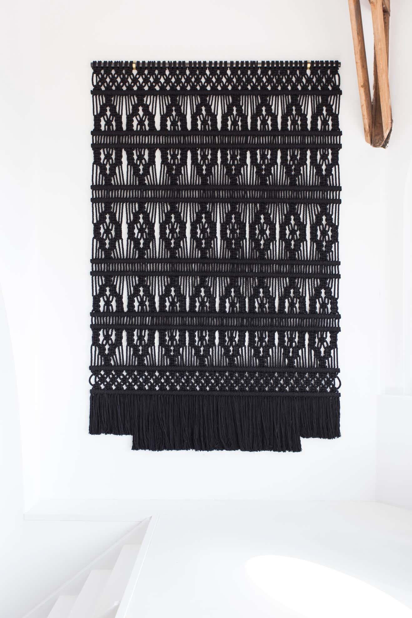 Black Wall Hanging Rug by Milla Novo
Dimensions: D180 x H280 cm
Materials: Black cotton rope
Weight: 35 kg

Milla Novo is an artist based in the Netherlands. She creates exclusive wallhangings for high-end interiors. These unique pieces of art