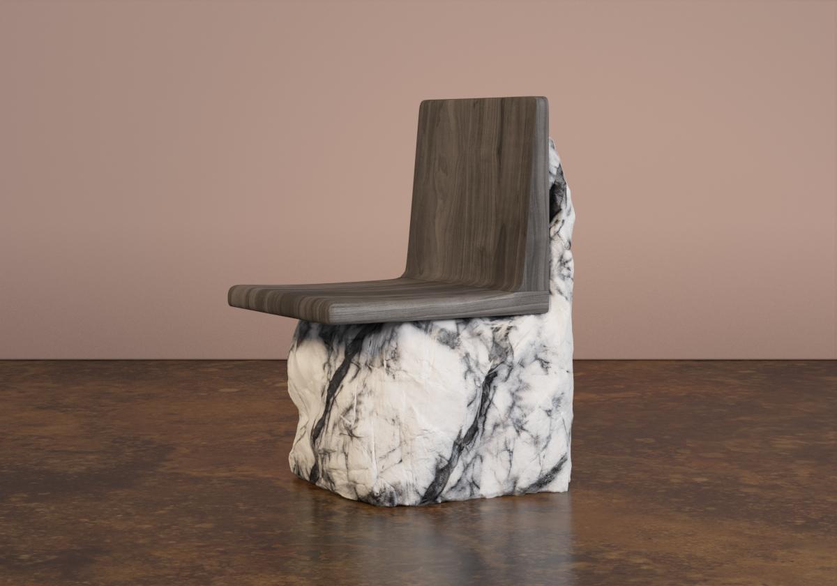 The naked chair is a unique piece of marble chosen from a quarry in Portugal. This chair is a statement piece for any environment or can be part of a dining set. Made of marble and black walnut, this chair is considered a sustainable piece. 
The