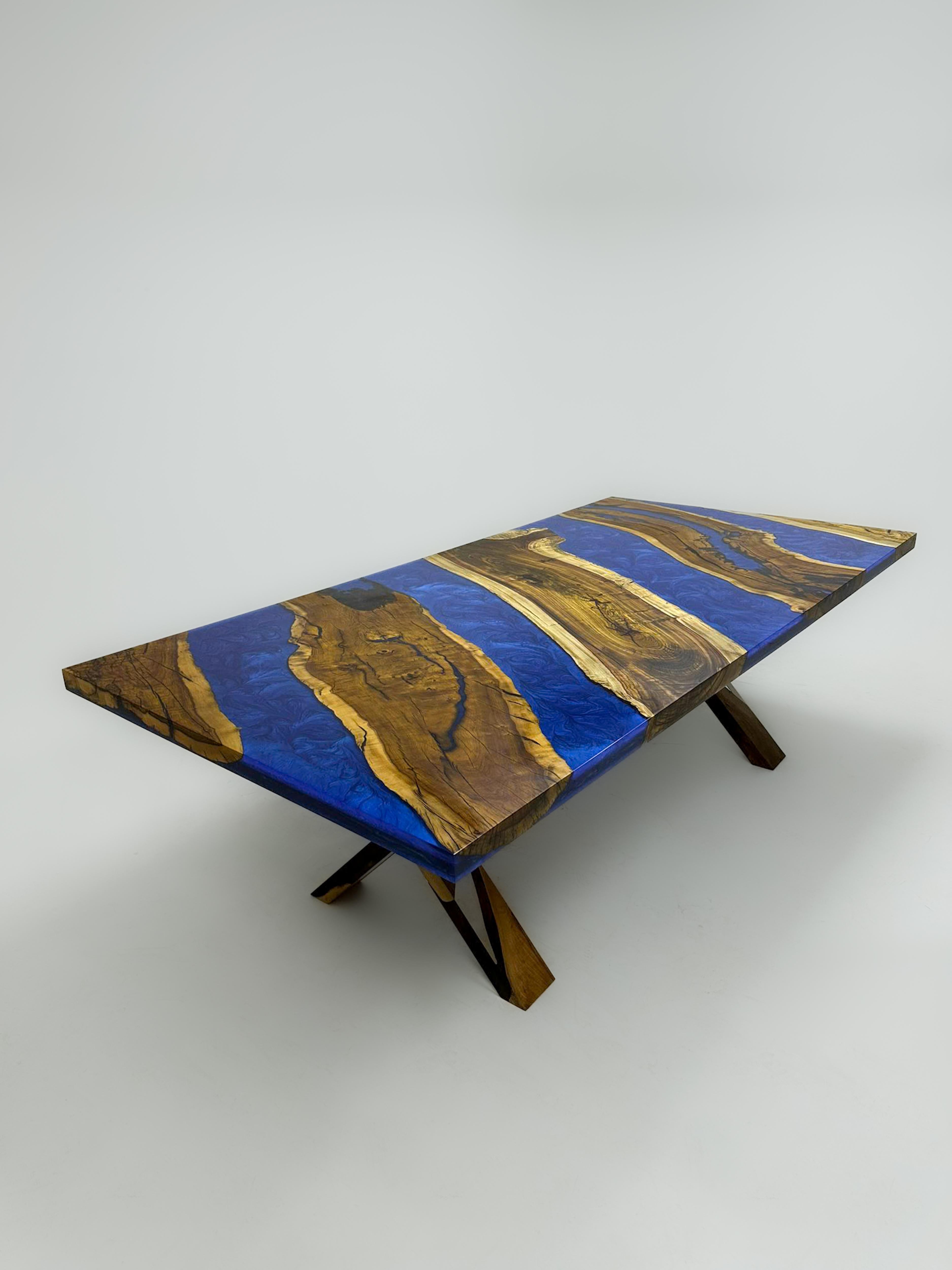 Turkish Black Walnut Blue Epoxy Table - Natural Wood Dining Epoxy Table - Custom Table For Sale