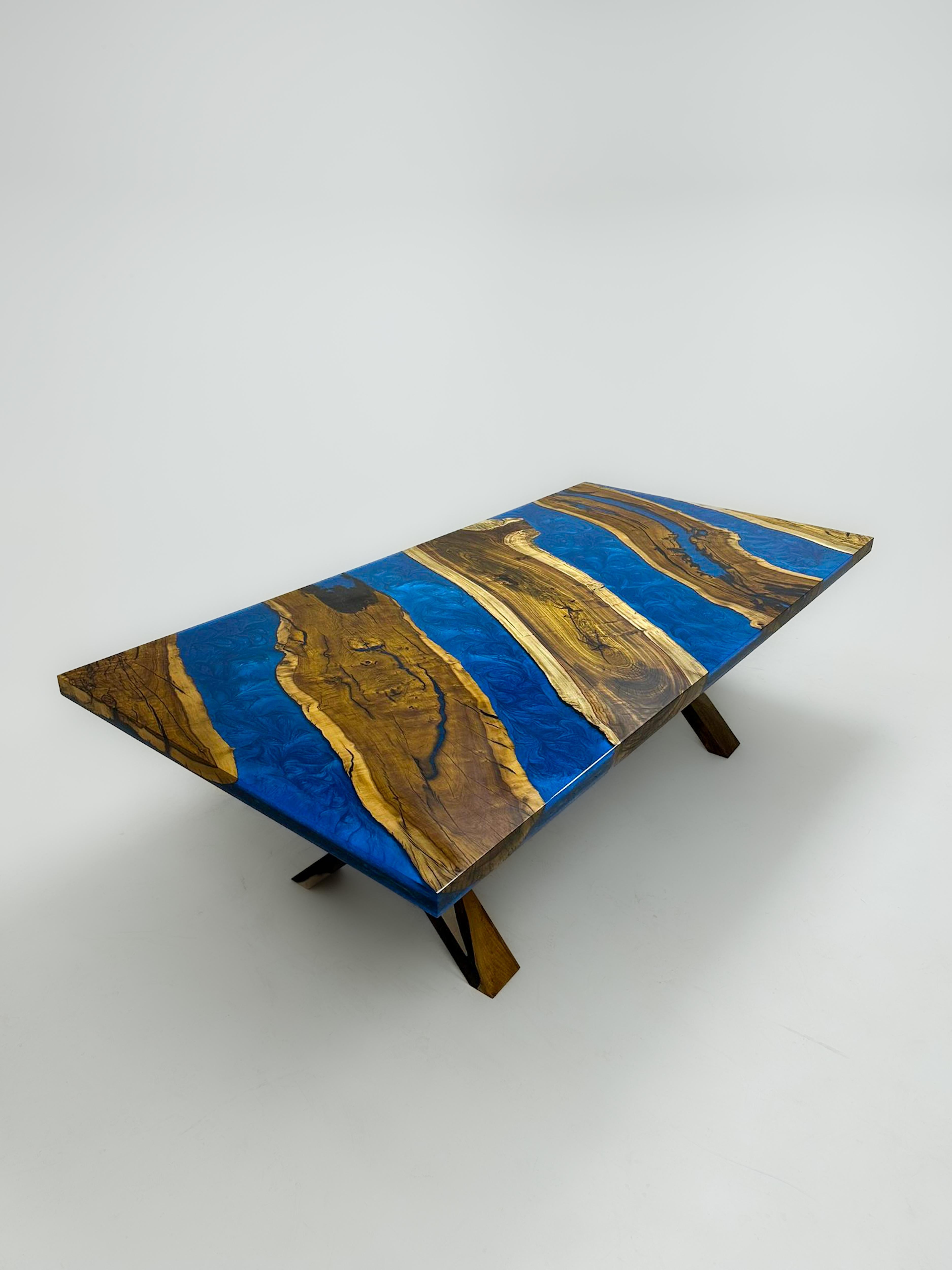 Brushed Black Walnut Blue Epoxy Table - Natural Wood Dining Epoxy Table - Custom Table For Sale