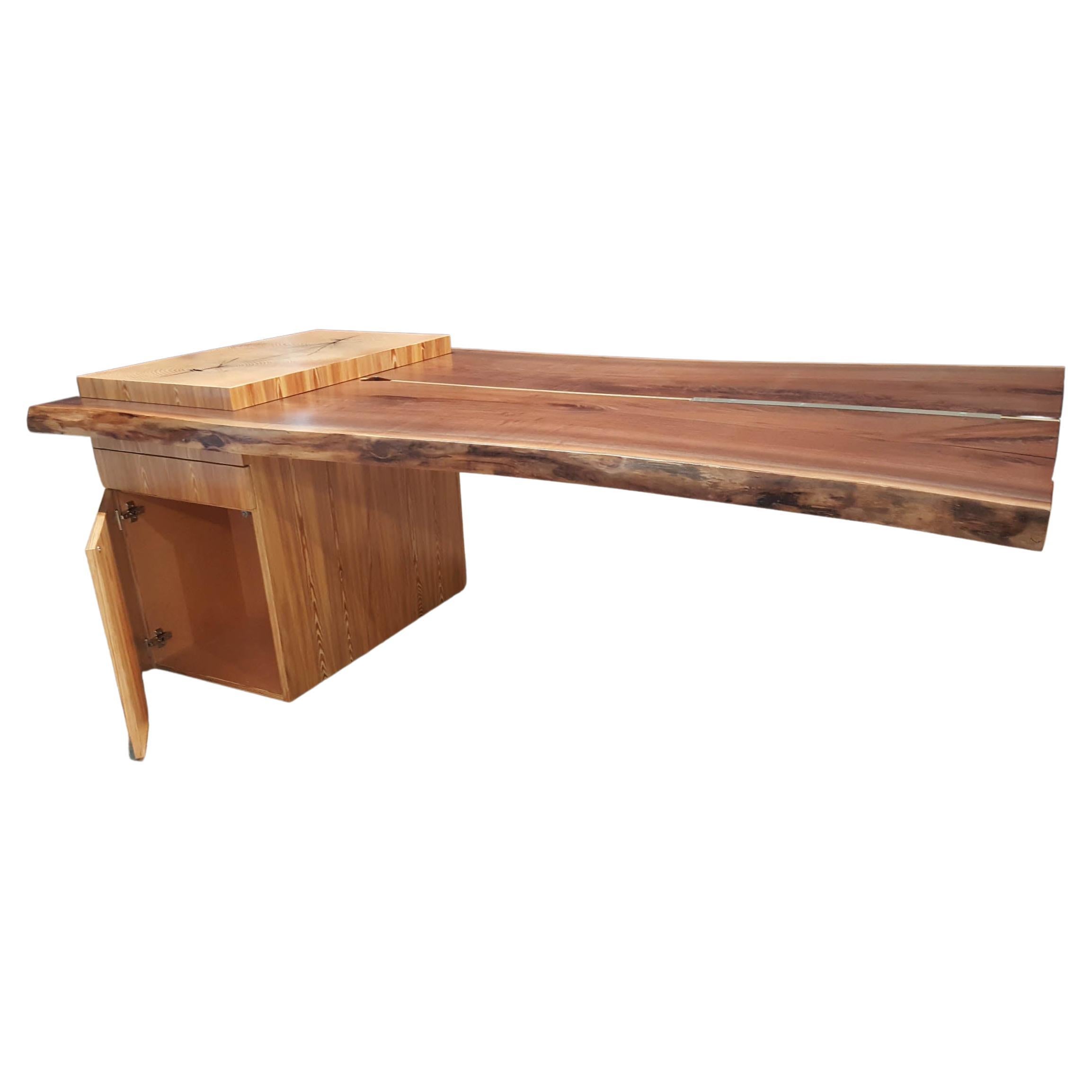 Organic Black Walnut Character Grade Slab Desk with Heart Growth Pin Cabinet For Sale