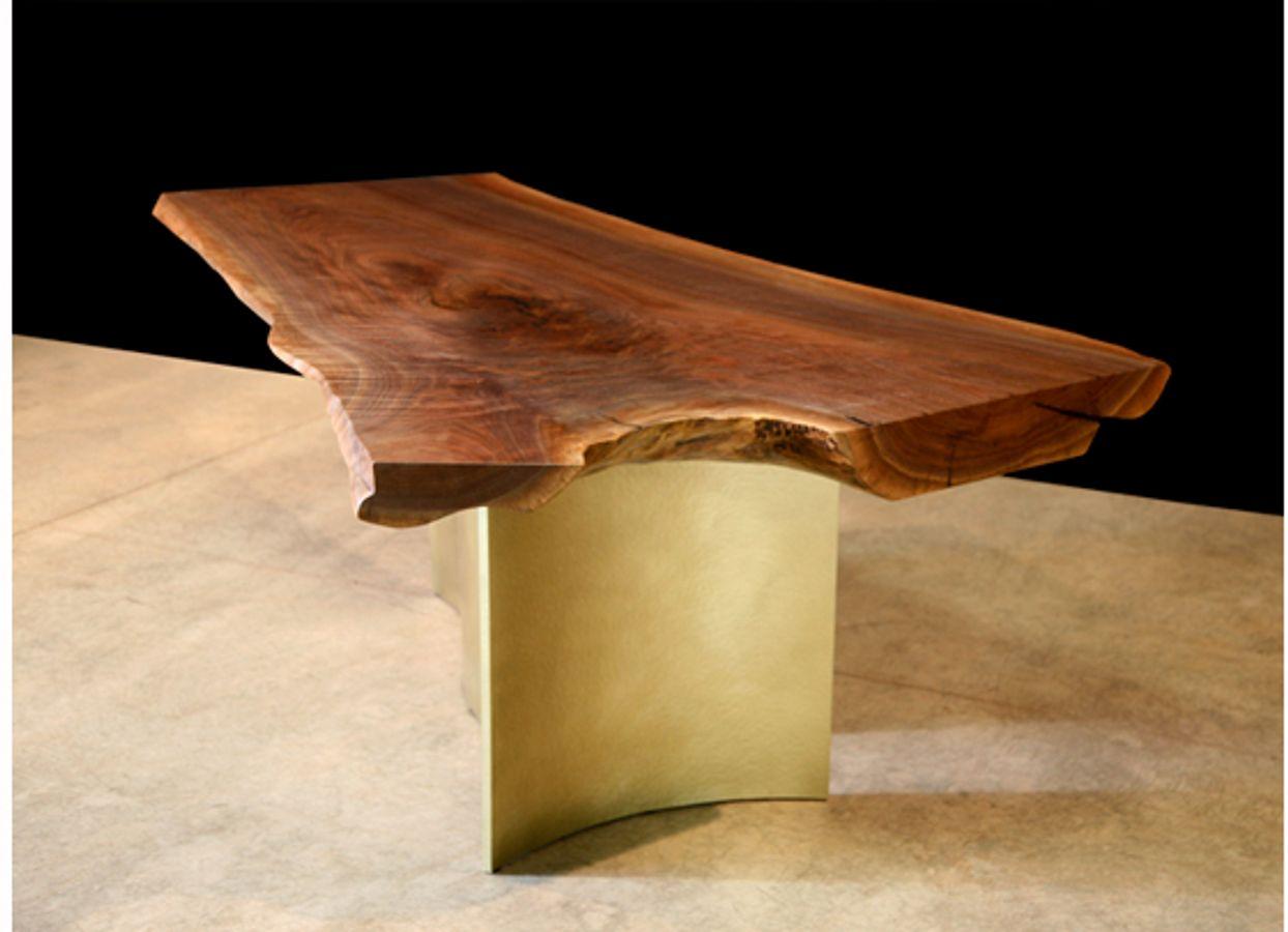 Modern Organic Live Edge Black Walnut Console with Handmade Hammered Bronze Legs For Sale