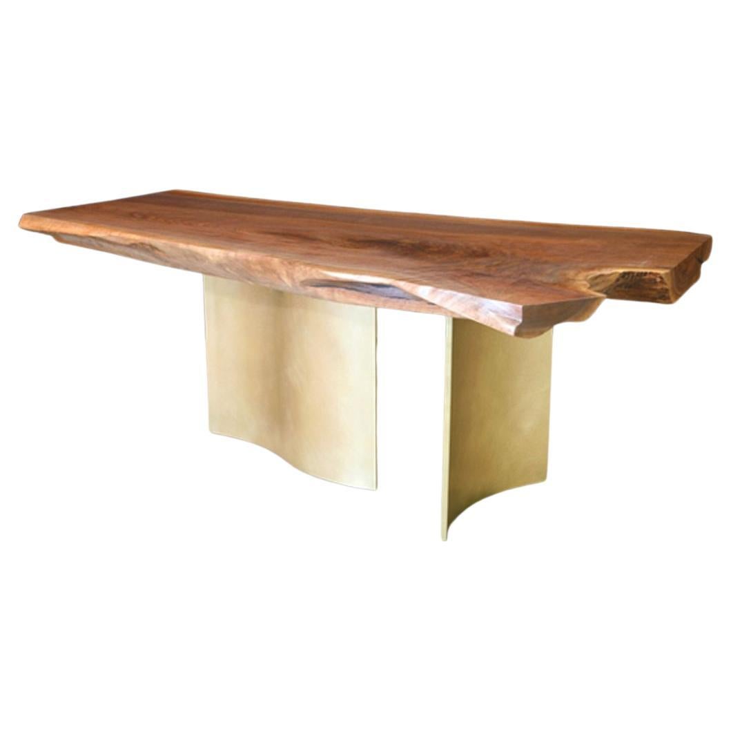 Organic Live Edge Black Walnut Console with Handmade Hammered Bronze Legs For Sale