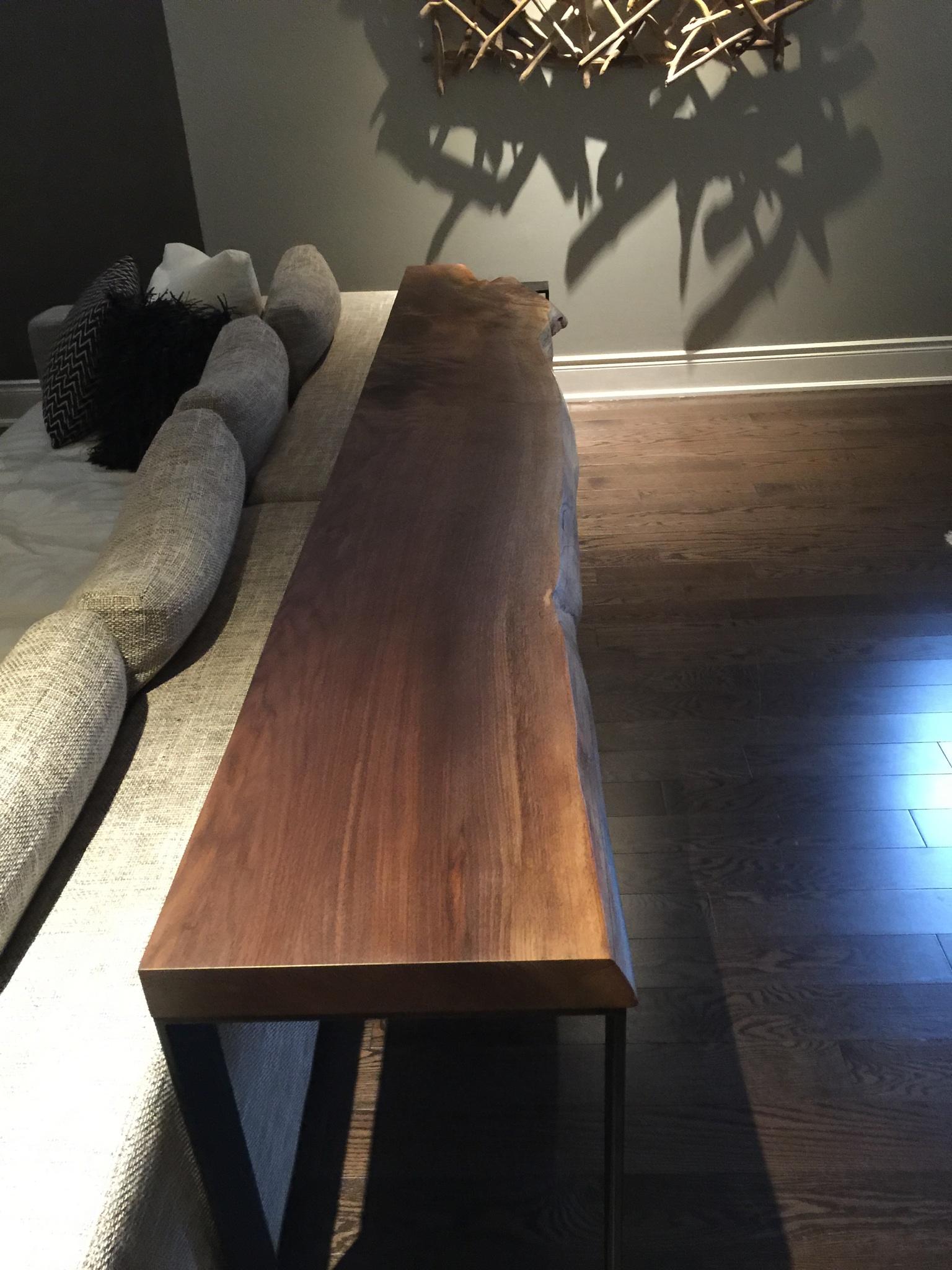 Organic Modern Black Walnut Console Live Edge on U-Shape Steel Legs For Sale