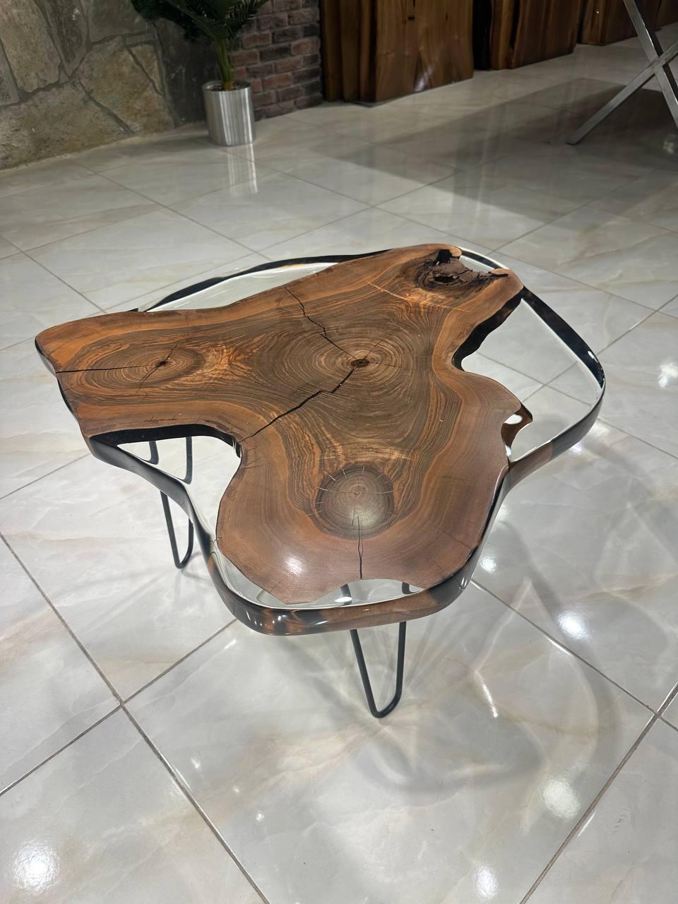 Carved Black Walnut Custom Clear Epoxy Resin Coffee Table For Sale